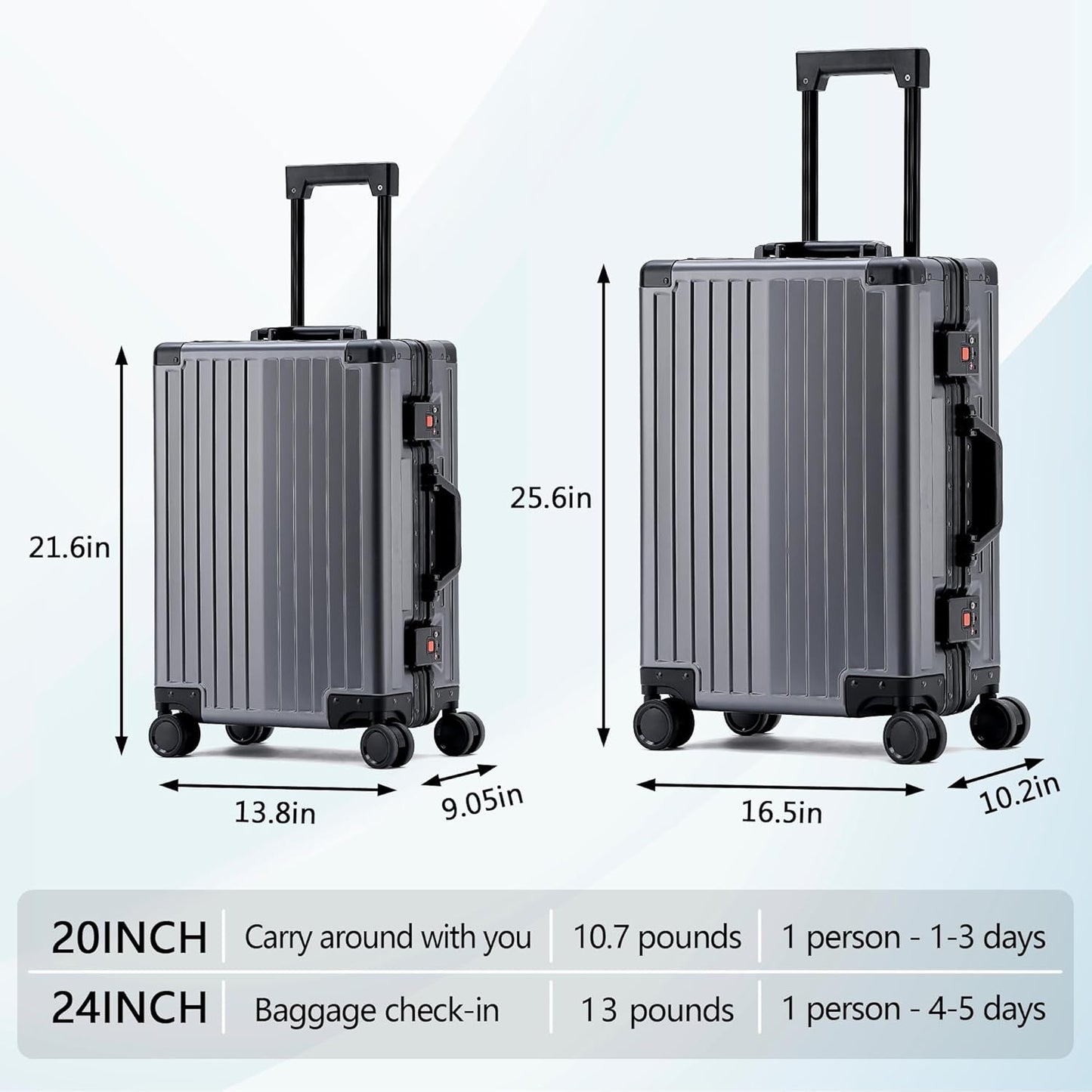 YYW Aluminum Carry-On Luggage Airline Approved Lightweight Suitcase with TSA Lock and Silent Wheels, Hardshell Spinner Business Travel (Gunmetal gray, 20in)