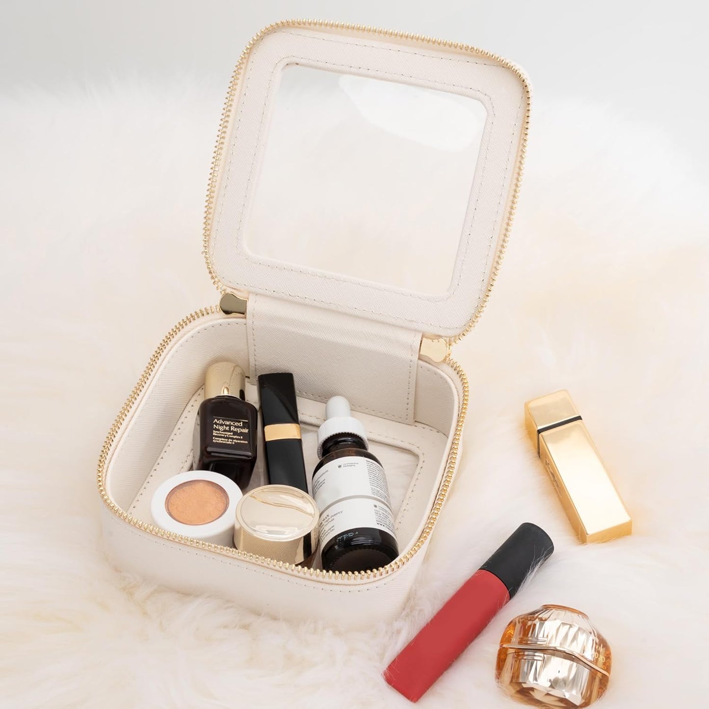 Aveniee Clear Makeup Bag Small, Mini Travel Toiletry Bag Cosmetic Bags Organizer, TSA Approved Clear Makeup Case Pouch with Zipper, Car Essentials for Women Men(Mini-White)