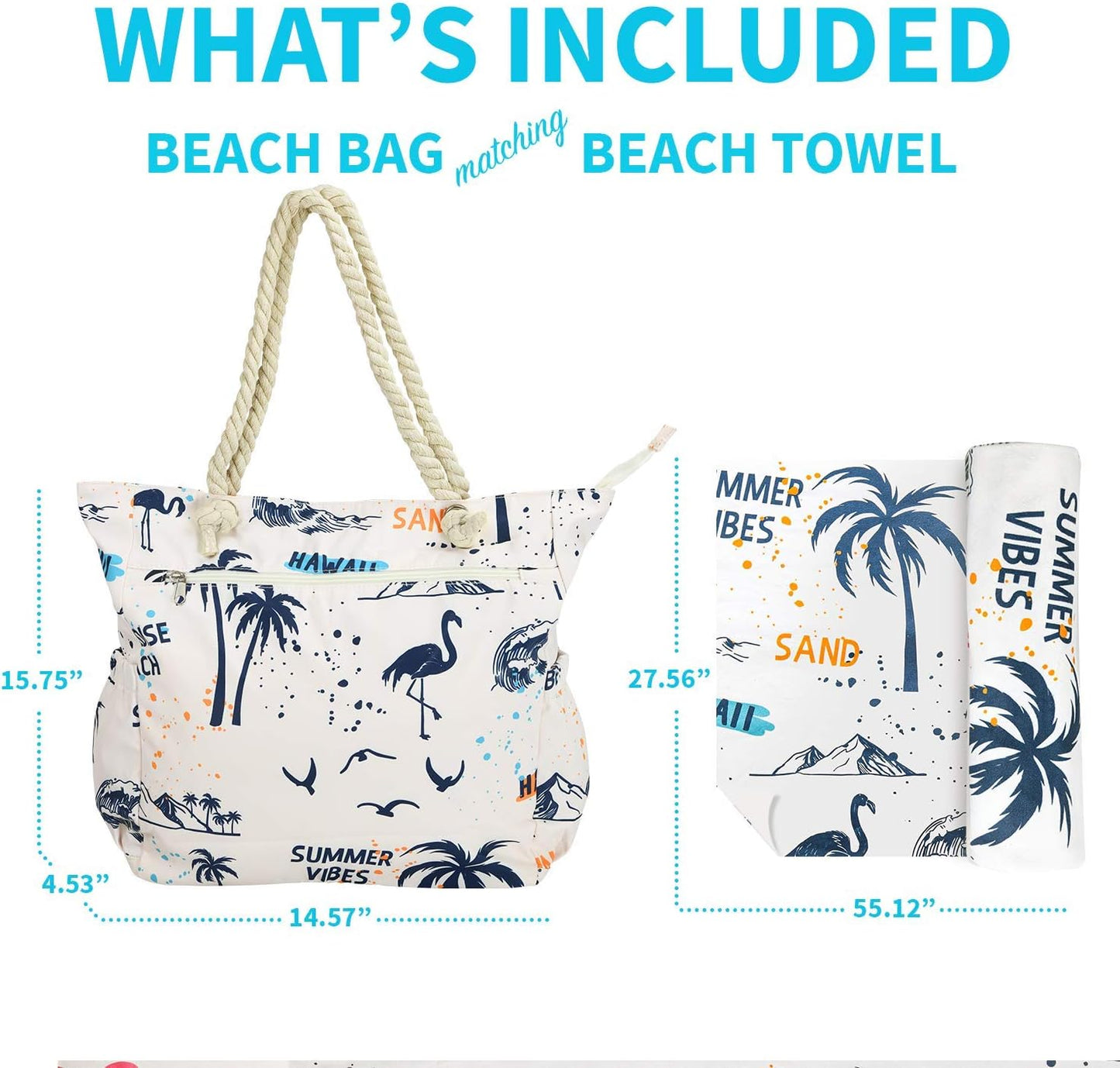 Beach Bag Spacious Shoulder Tote Travel & Gym Bag w/Multiple Pockets & Strong Zipper