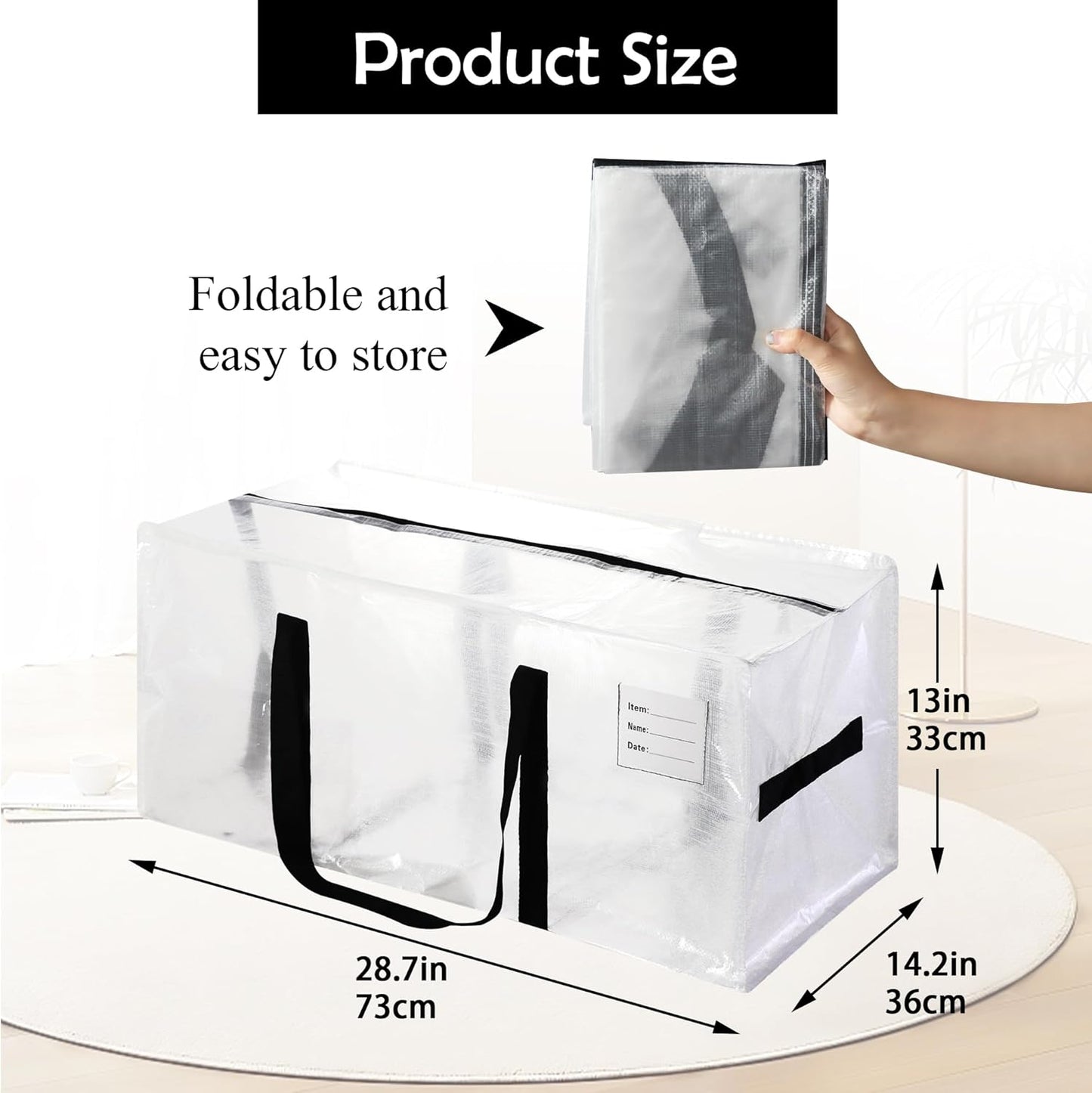 6 Pack Heavy Duty Extra Large Moving Bags with Black Handles, Waterproof Foldable Storage Totes, Clothing Storage Bags, Packing Moving Boxes for College Supplies & Seasonal Storage, Clear