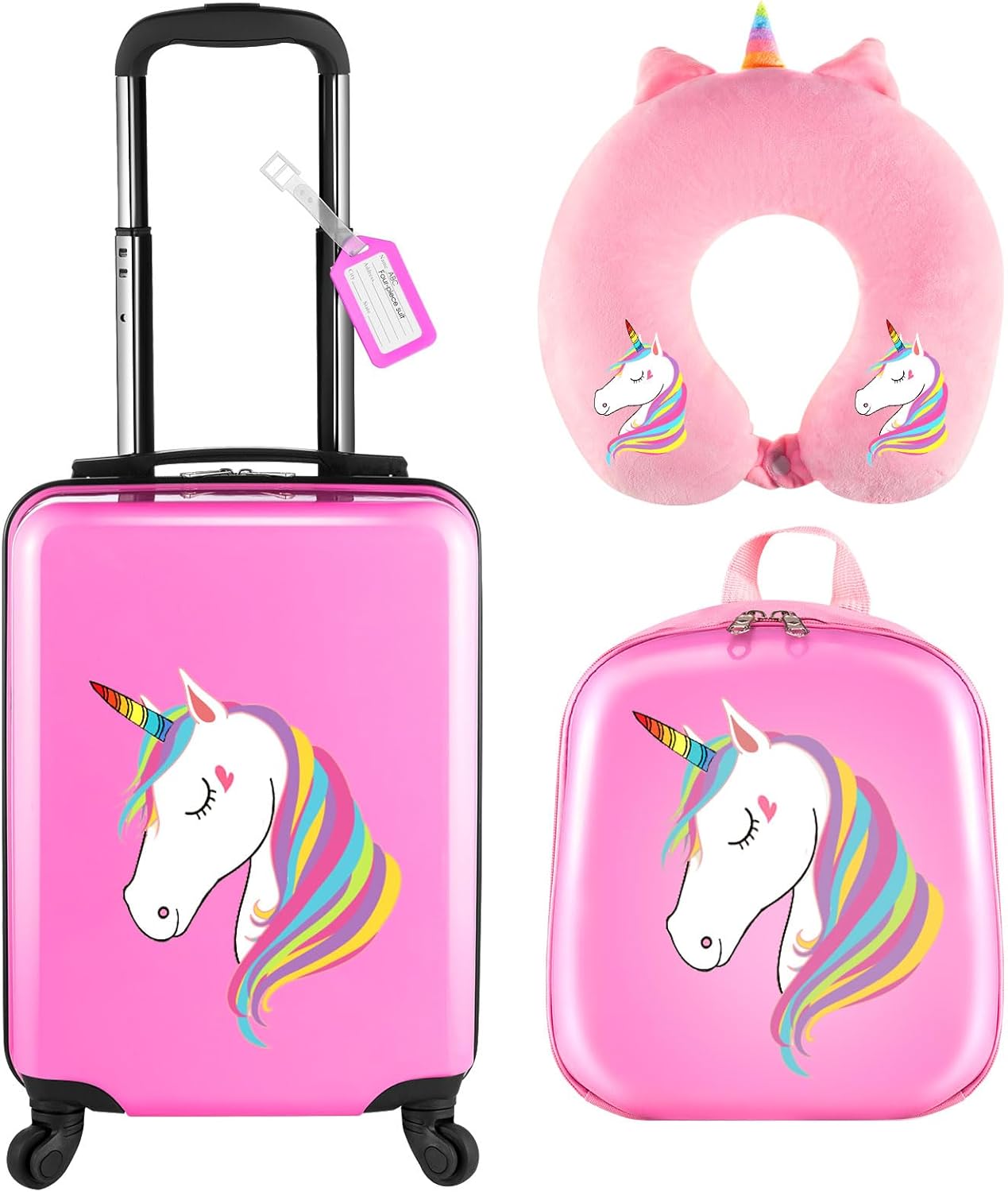 Sanwuta 4 Pcs Kids Luggage Set Kids Backpack Travel Rolling Suitcase with Wheels U-shape Pillow Childrens Gift for Girls Boys(17 Inch,Unicorn Style,Pink)