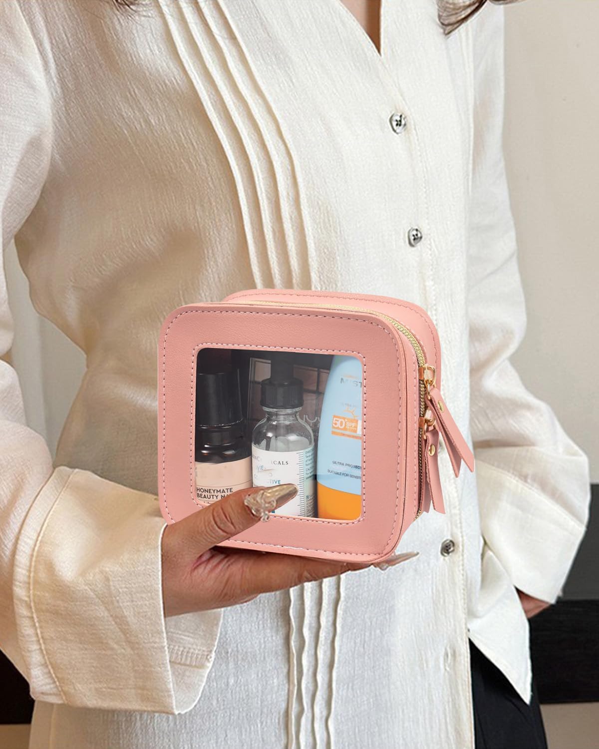 2 Pcs Clear Makup Bag Set, Clear Cosmetic Bags with Zipper Waterproof Small Travel Cosmetic Case Cute Make Up Pouch Mini Car Essentials for Women Travel Car Organizer (Pink Set)