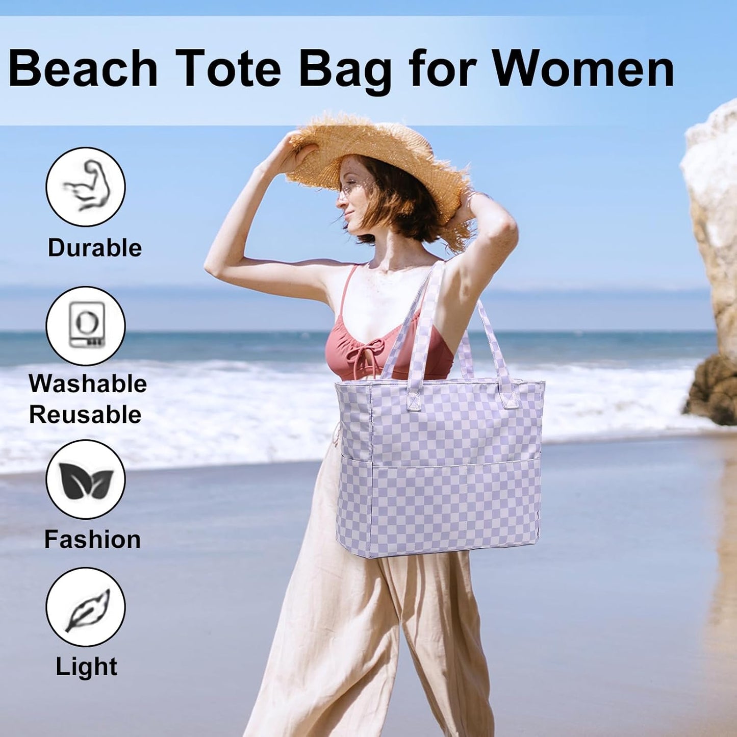 LEDAOU Large Beach Tote Bag Women Waterproof Sandproof Zipper Beach Tote Bag for Pool Gym Grocery Travel with Wet Pocket