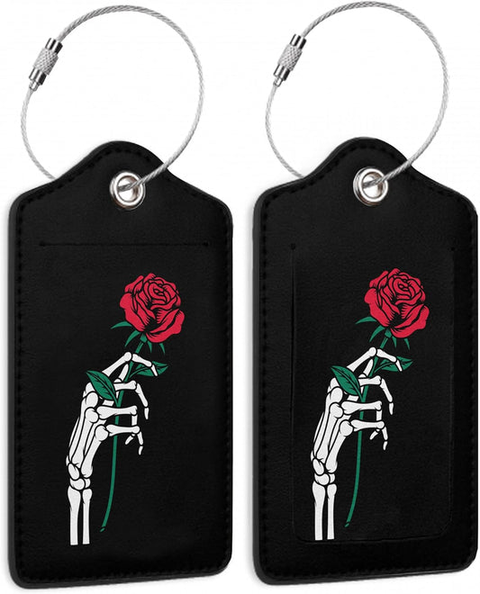 2 Pack Luggage Tag for Suitcase,Skeleton Hand Holding Rose Leather Bag Tags Identifiers Privacy Cover ID Label with Durable Steel Loop for Women Men Kids Girls Travel