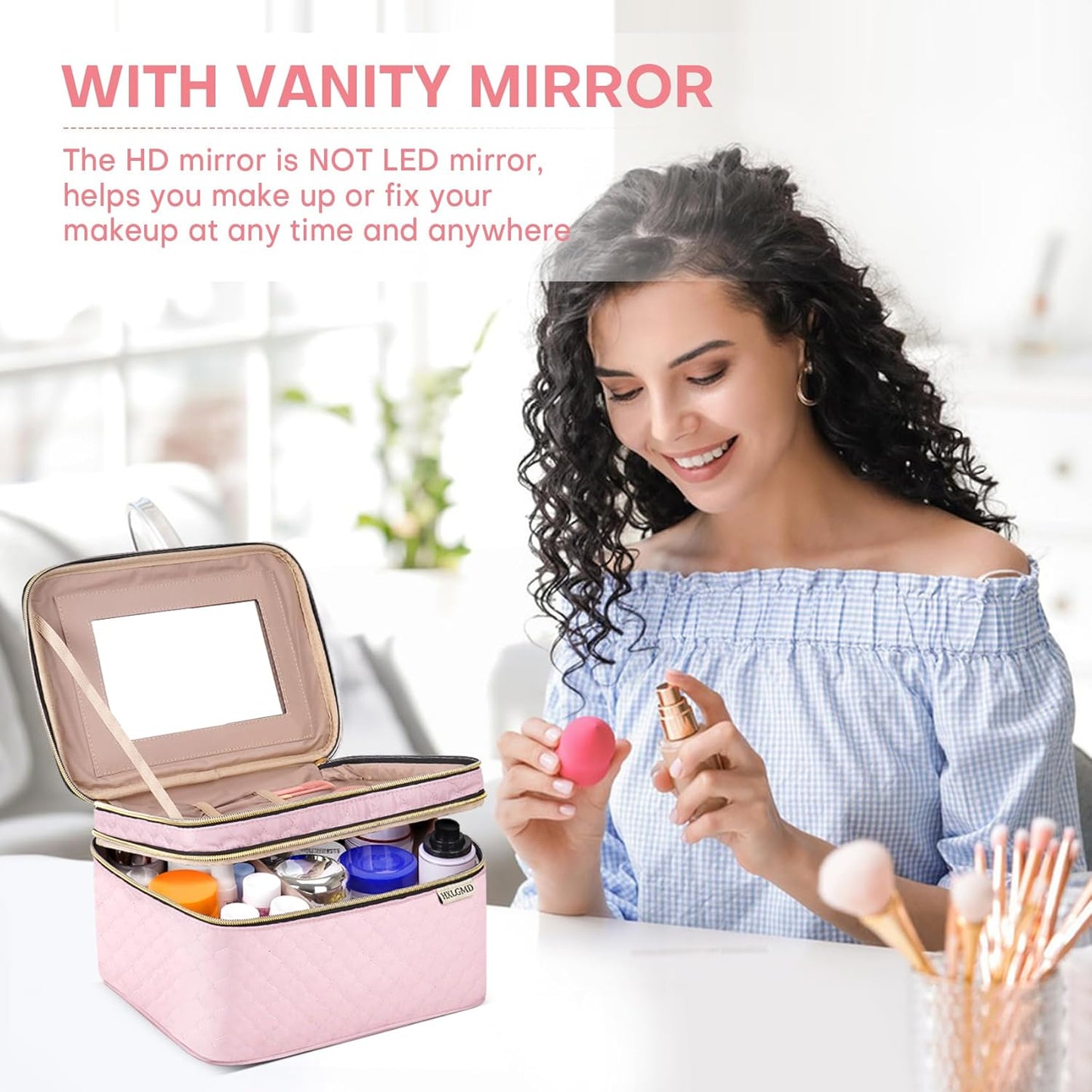 Large Makeup Bag with Mirror Double Layer Travel Make Up Organizer Case, Large Capacity Coemetic with Brush Slot Divider, Travel Toiletry Bag for Women (Pink)