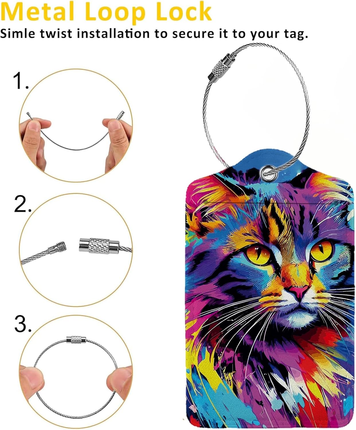 Colorful Cat 2 Pack Luggage Tag for Suitcase, Leather Bag Tags Identifiers Privacy Cover ID Label with Steel Loop for Women Men Kids Girls Travel
