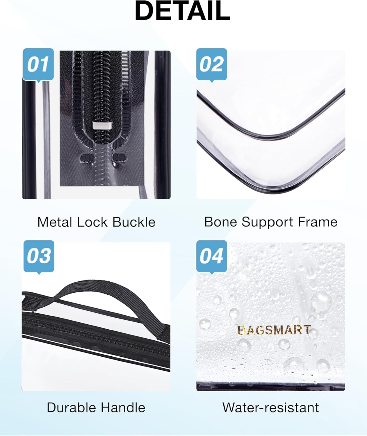 BAGSMART Clear Toiletry Bag, TSA Approved Travel Toiletry Bag Carry On Travel Accessories Bag Airport Airline Quart Size Bags water-resistant Makeup Bag for Women