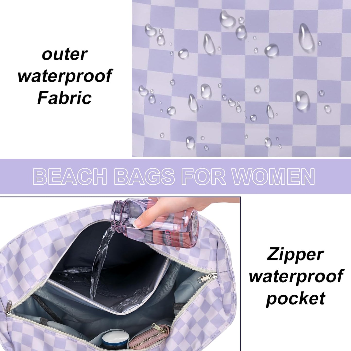 LEDAOU Large Beach Tote Bag Women Waterproof Sandproof Zipper Beach Tote Bag for Pool Gym Grocery Travel with Wet Pocket