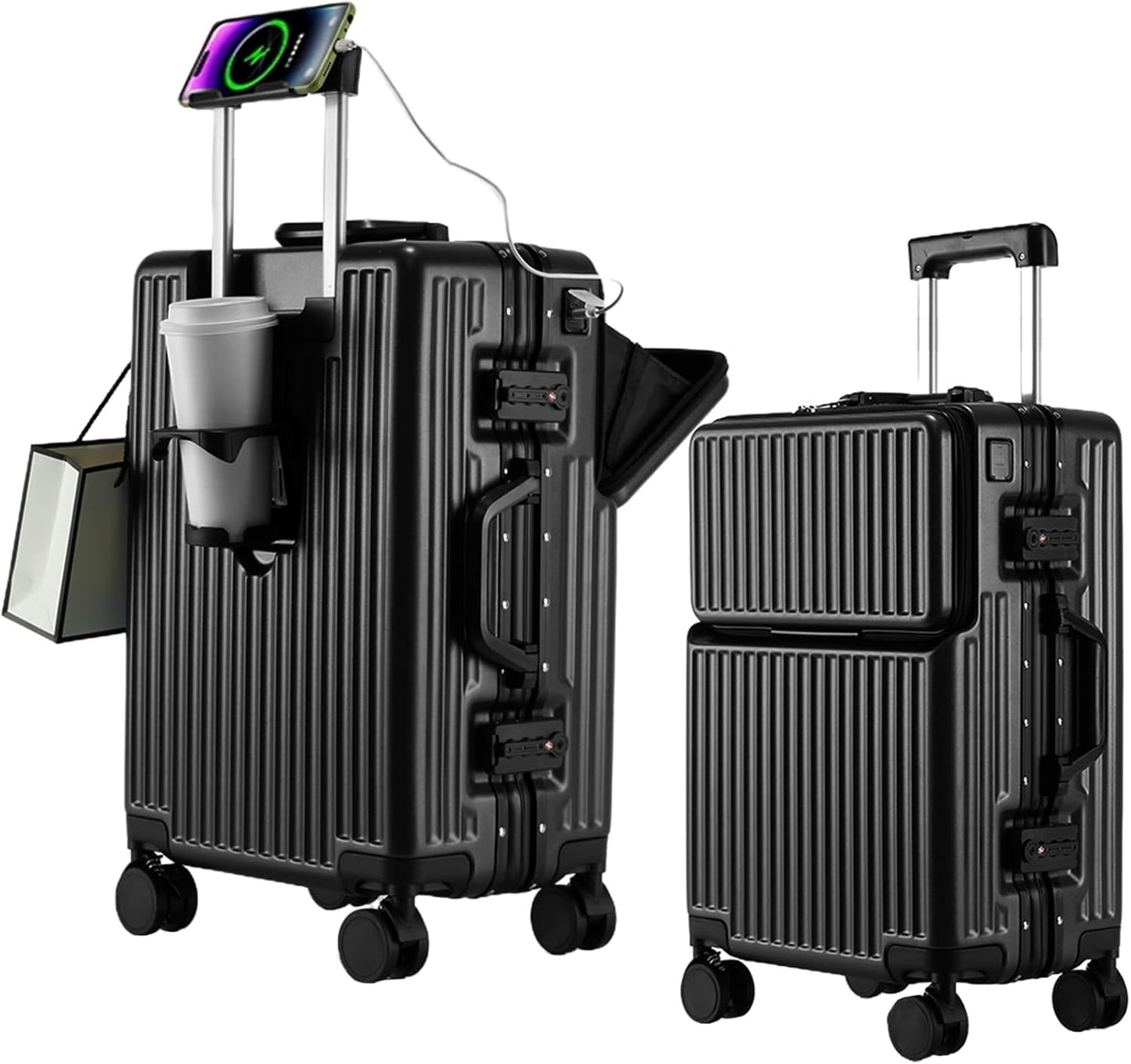 2-Piece Hardshell Zipperless Luggage Set, 20/26" Aluminum Frame Hardshell Spinner Luggage, Airline Approved Carry-On Luggage, TSA Lock, 360° Quiet Wheels With Cup Holder (Black)