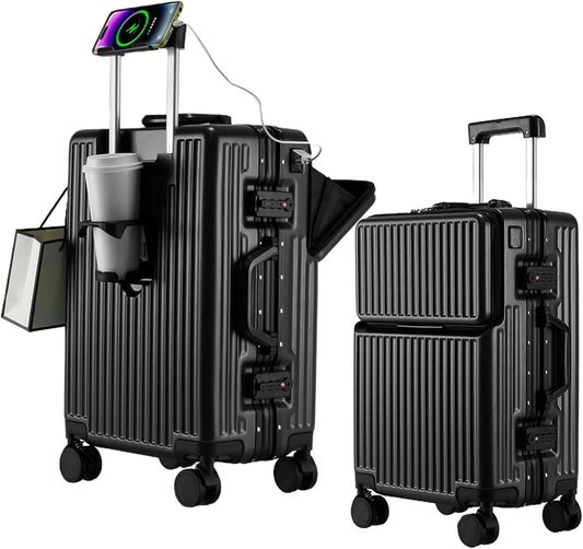 2-Piece Hardshell Zipperless Luggage Set, 20/26" Aluminum Frame Hardshell Spinner Luggage, Airline Approved Carry-On Luggage, TSA Lock, 360° Quiet Wheels With Cup Holder (Black)