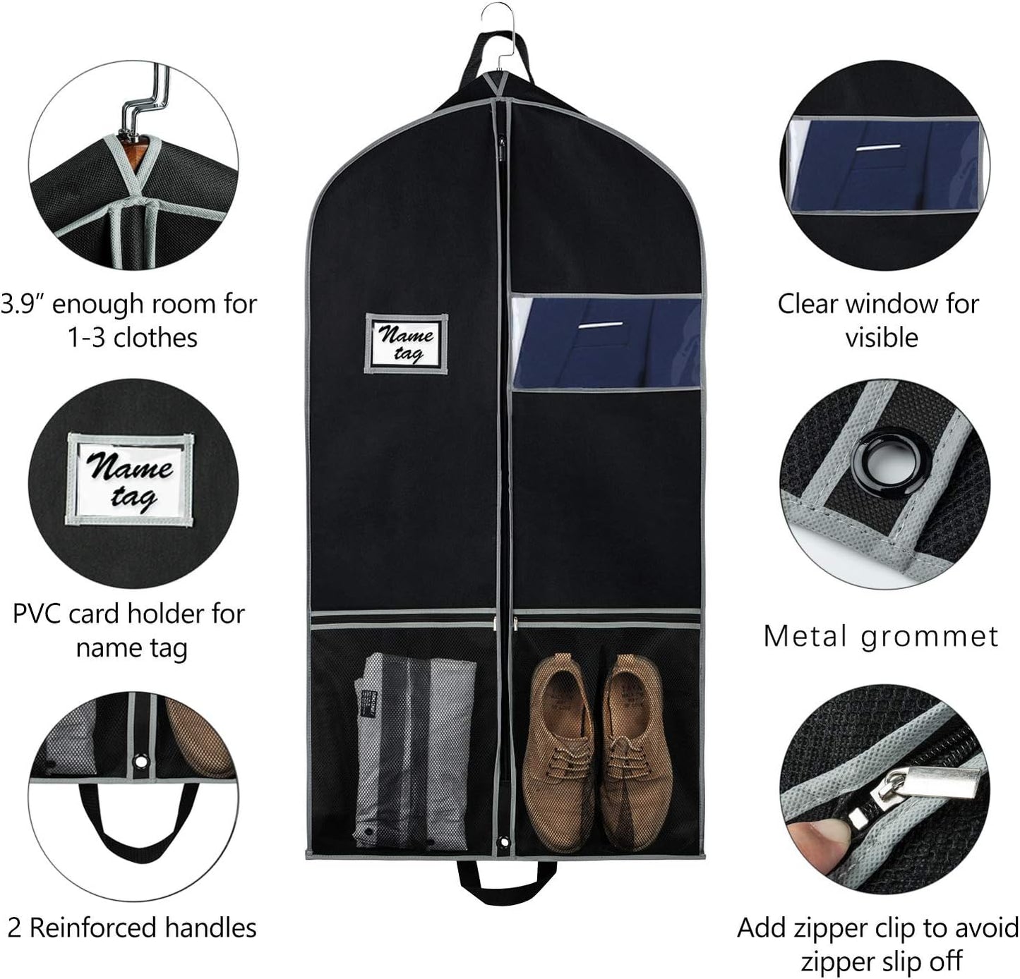 Zilink 43" Garment Bag Suit Bags for Travel with Pockets Breathable Dress Suit Cover for Storage with PVC Card Holder, Black