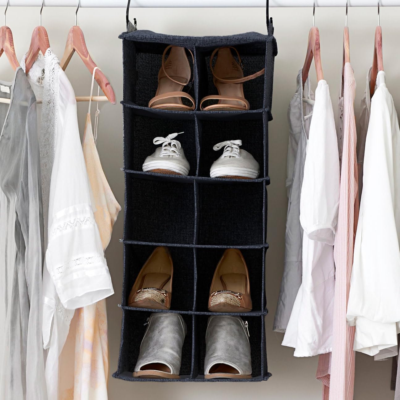 Household Essentials Hanging Cotton Blend and Plastic Closet Shoe Organizer with 10 Storage Compartments, Denim
