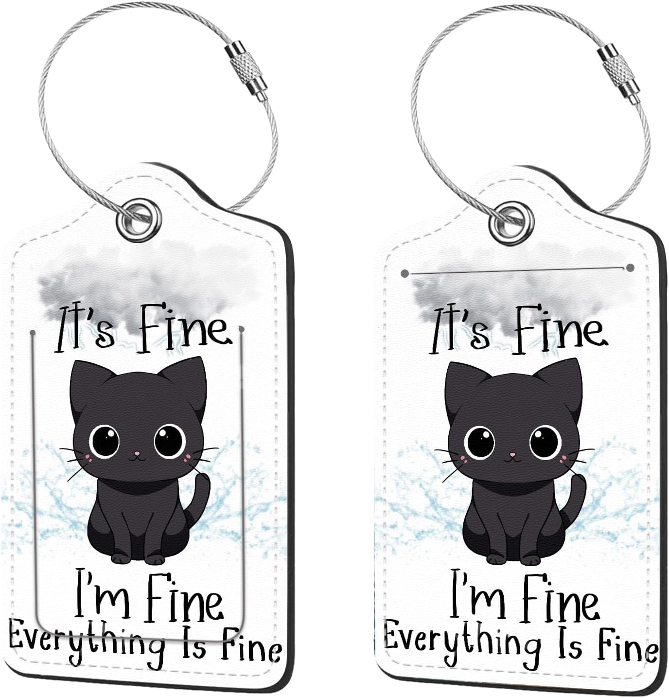 2 Pcs Luggage Tags for Suitcase, Cute Unique PU Leather Travel Bag Tag with Privacy Cover ID Label Address Card and Durable Metal Ring Suitable for Men Women Children Backpack,Cat Under A Dark Cloud