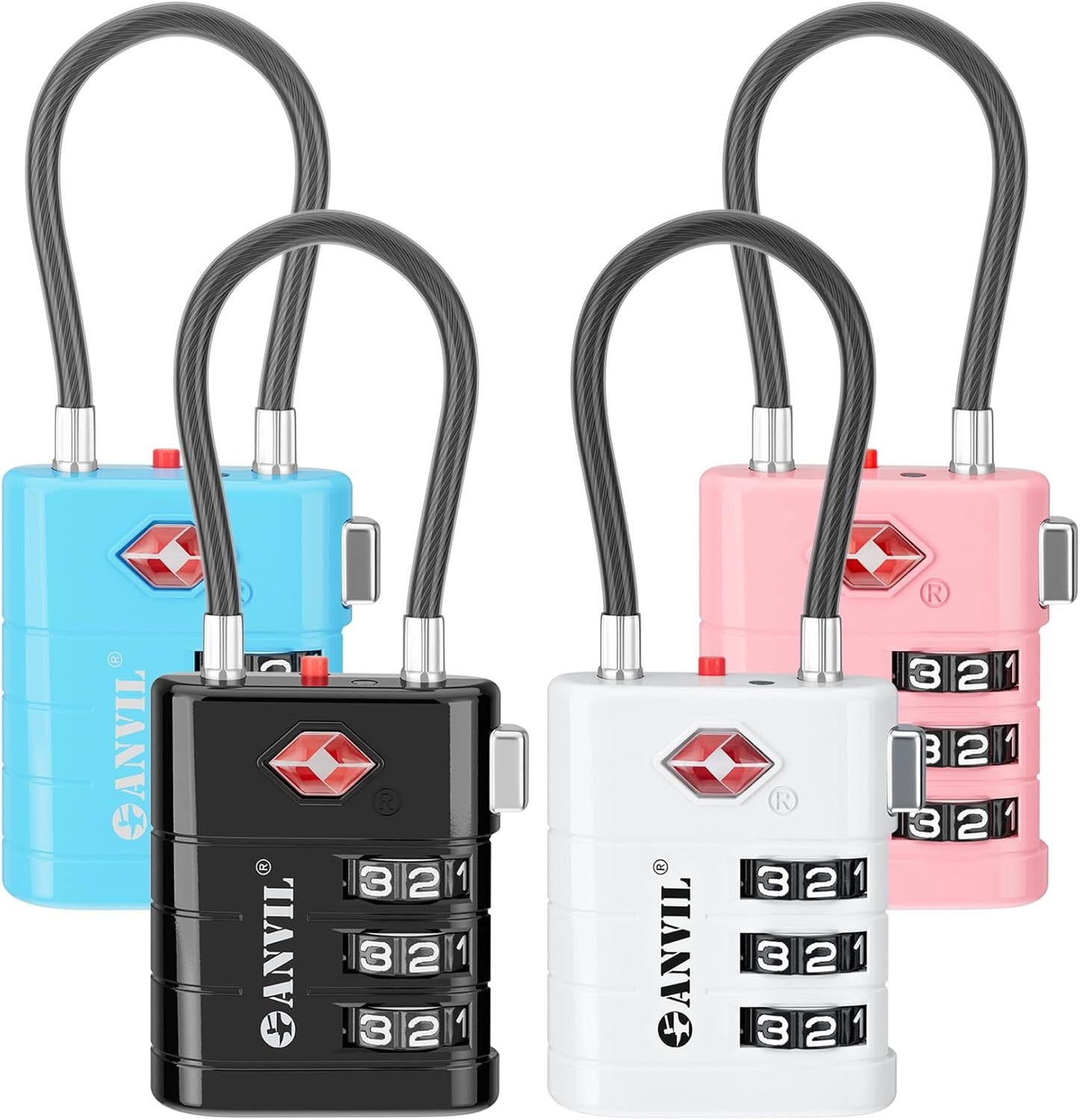 ANVIL TSA Approved Luggage Locks – High Security TSA008 Combination Travel Locks with Inspection Indicator for Suitcases and Backpacks. (4 Colors)