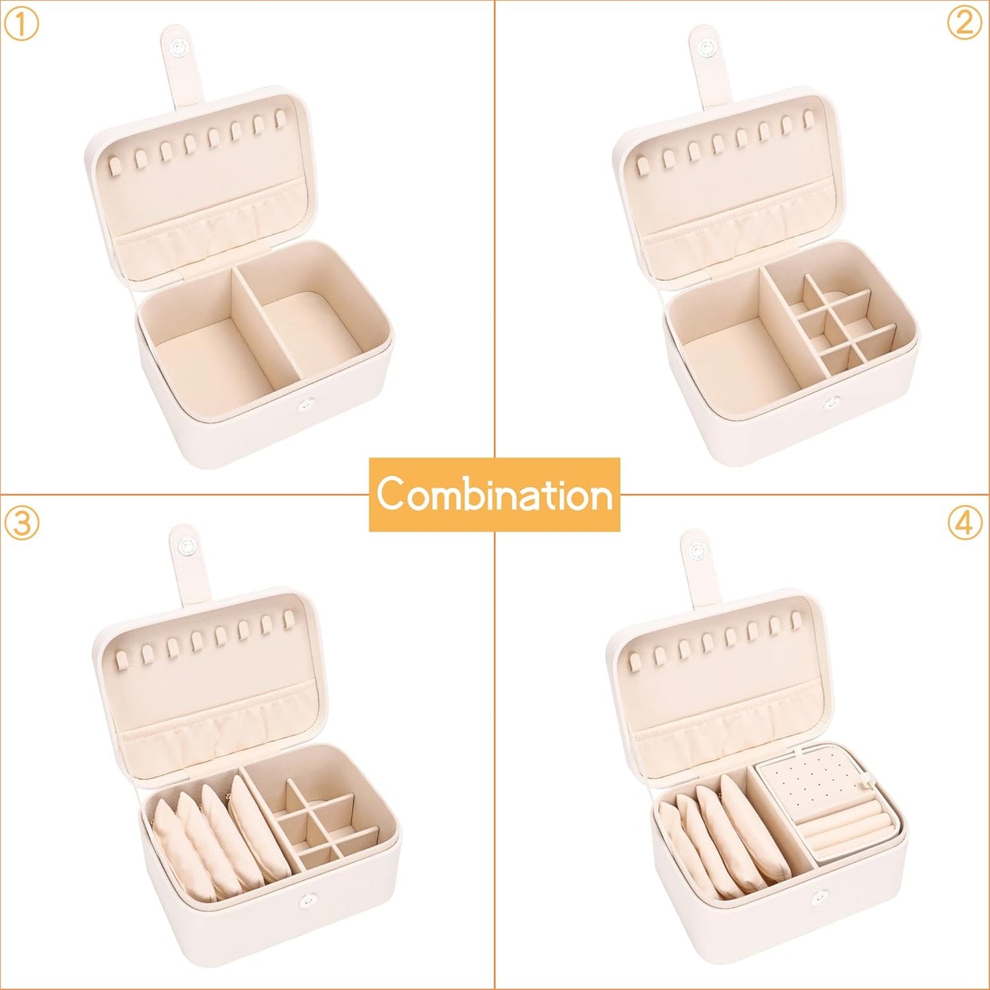 2 Layer Portable Jewelry Box, Large Jewelry Travel Case with 4 Jewelry Pouches, Medium Size Jewelry Organizer Box for Earrings, Necklaces, Bracelets (beige)