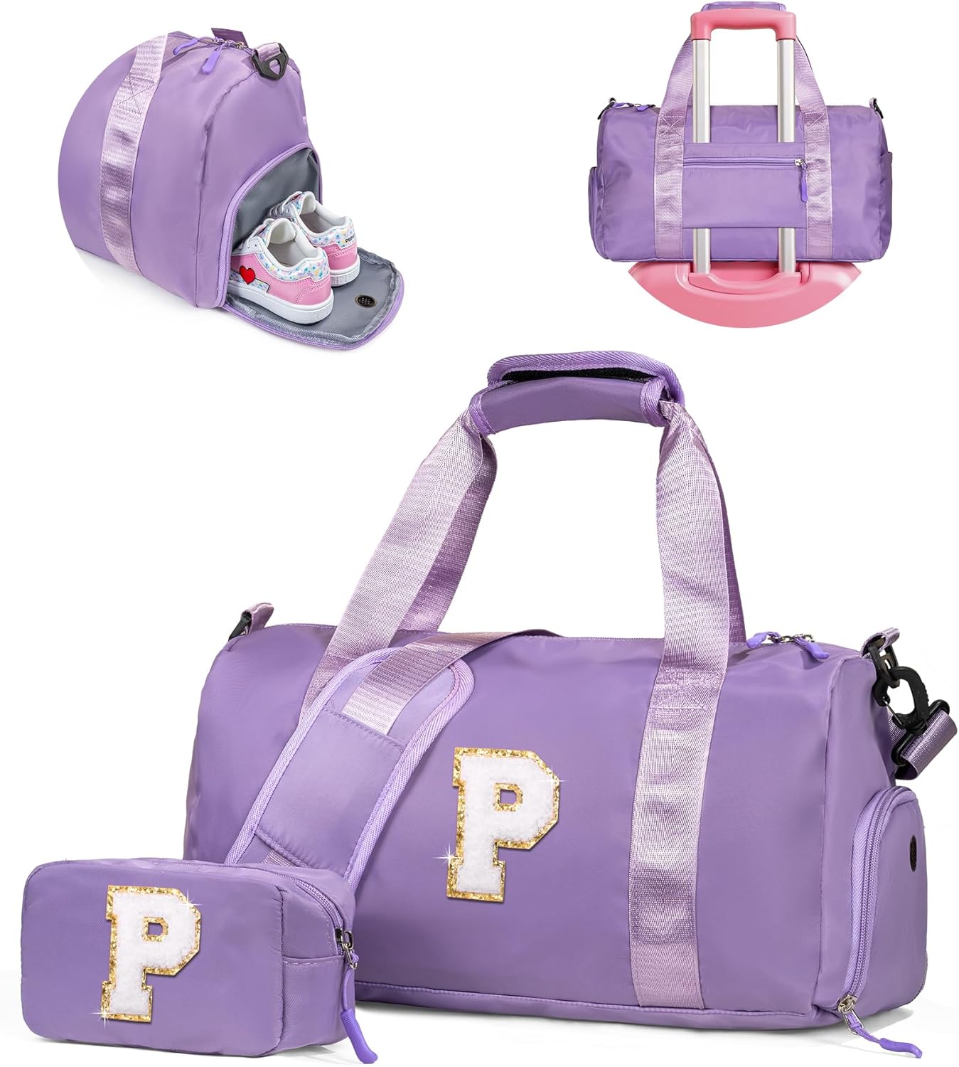 Gymnastics Bag for Girls for Kids-Girl Gym Bag with Shoe Compartment, Kid Personalized Weekender Overnight Bags, Initial Travel Tote with Makeup Pouch, Valentines Day Gift (Letter P)