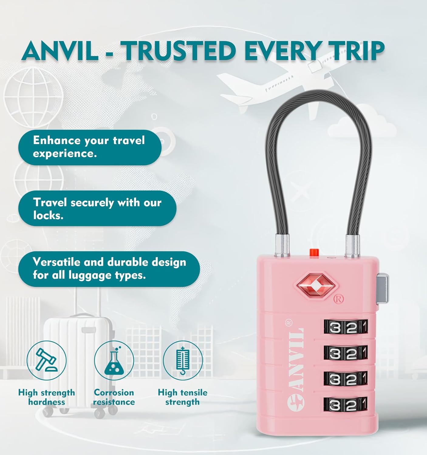 ANVIL 4 Digit Luggage Locks, TSA Locks for Luggage, Advanced TSA008 core, Alert Indicator for Your Travel Lock, Suitcase Lock. (3, Pink)