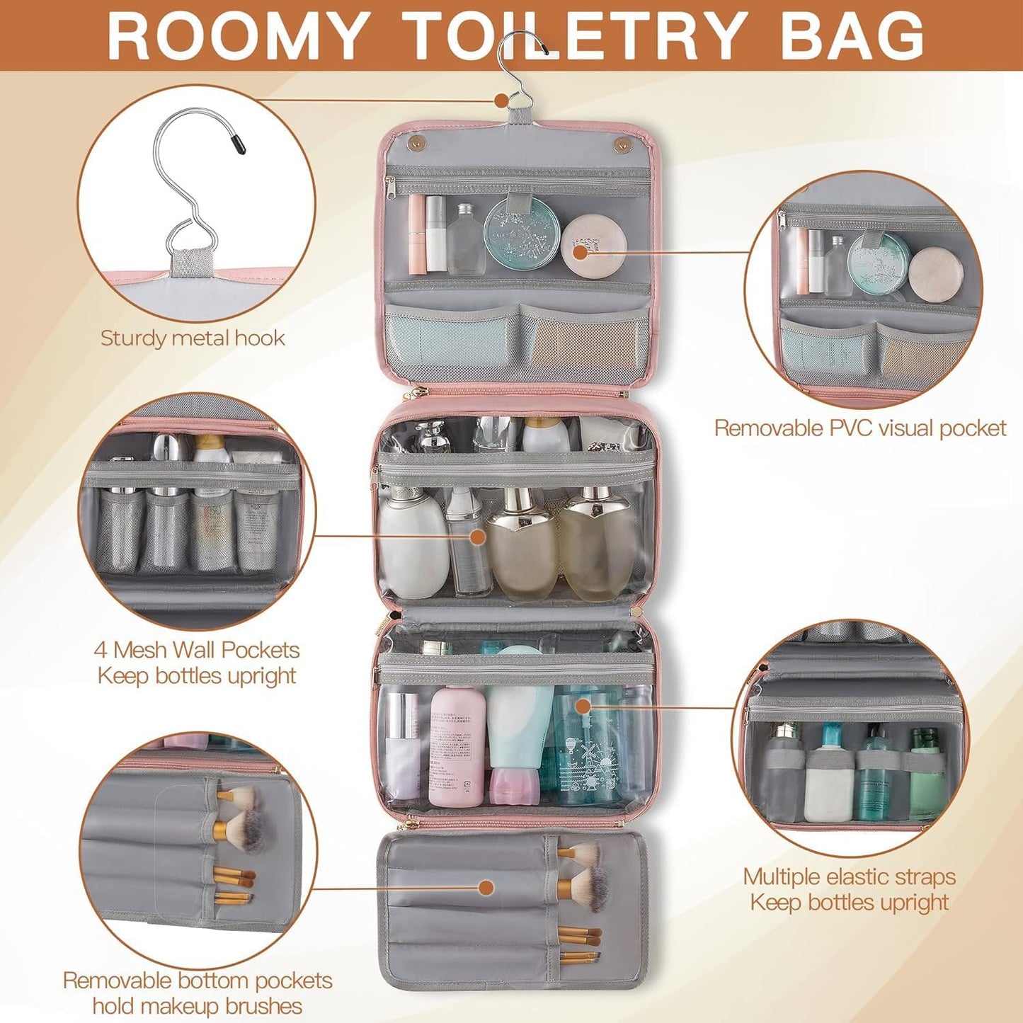 Elviros Hanging Travel Toiletry Bag for Women, 3-in-1 Large Makeup Bag and Cosmetic Organizer, Vegan Leather Waterproof Skincare Case for Travel Size Toiletries and Accessories