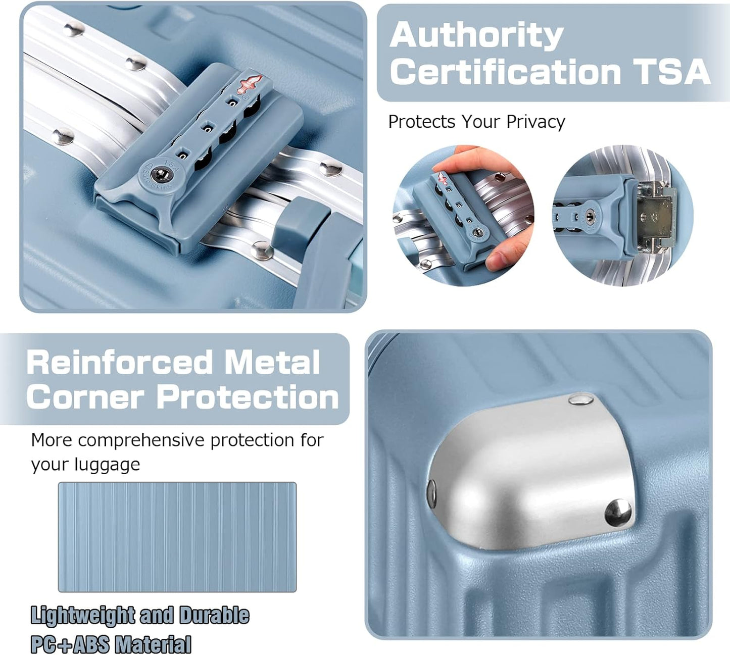 AnyZip Luggage Aluminium Frame Suitcase Hard Shell TSA Lock No Zipper 28In Haze Blue