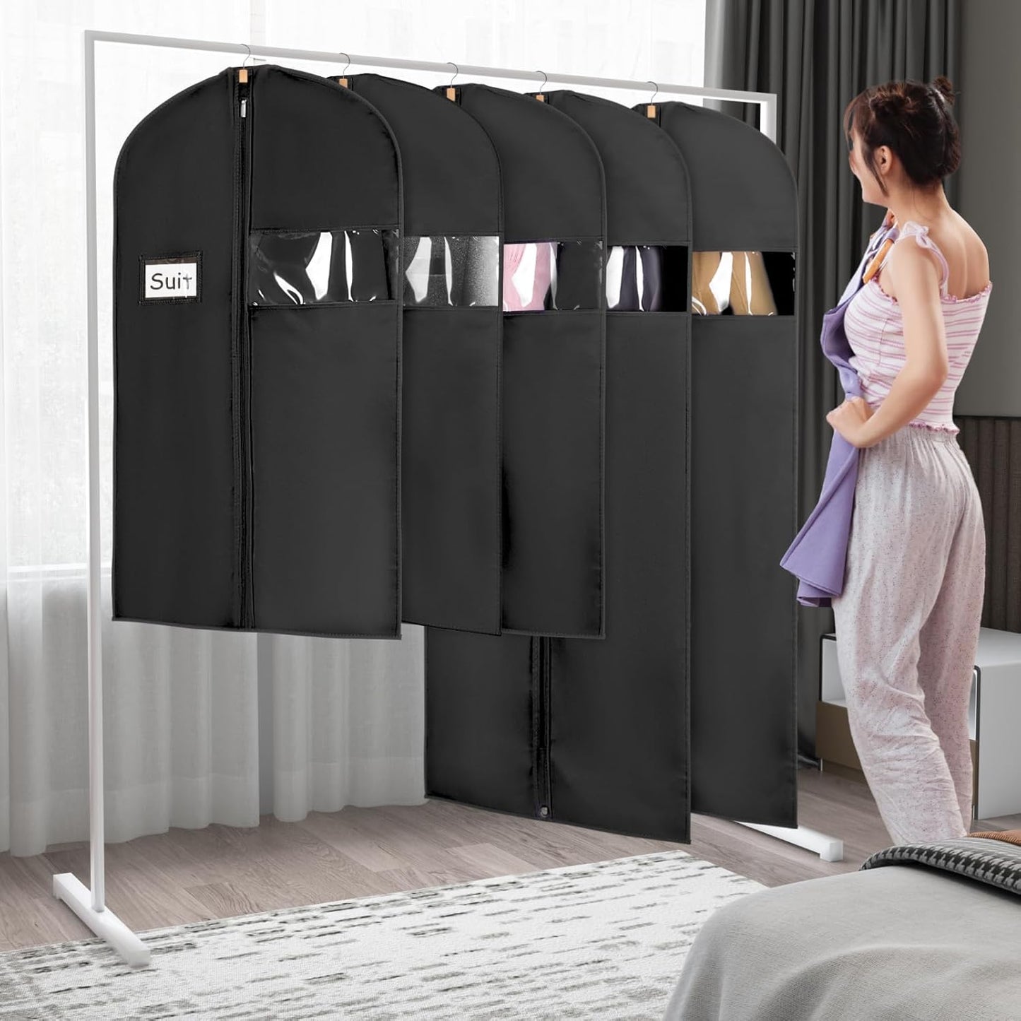 Syeeiex 60'' Garment Bags for Hanging Clothes, Set of 8 Dress Bags for Gowns, Dress Garment Bags for Gowns, Evening Dresses, Fur Coat, Long Dress(Black)