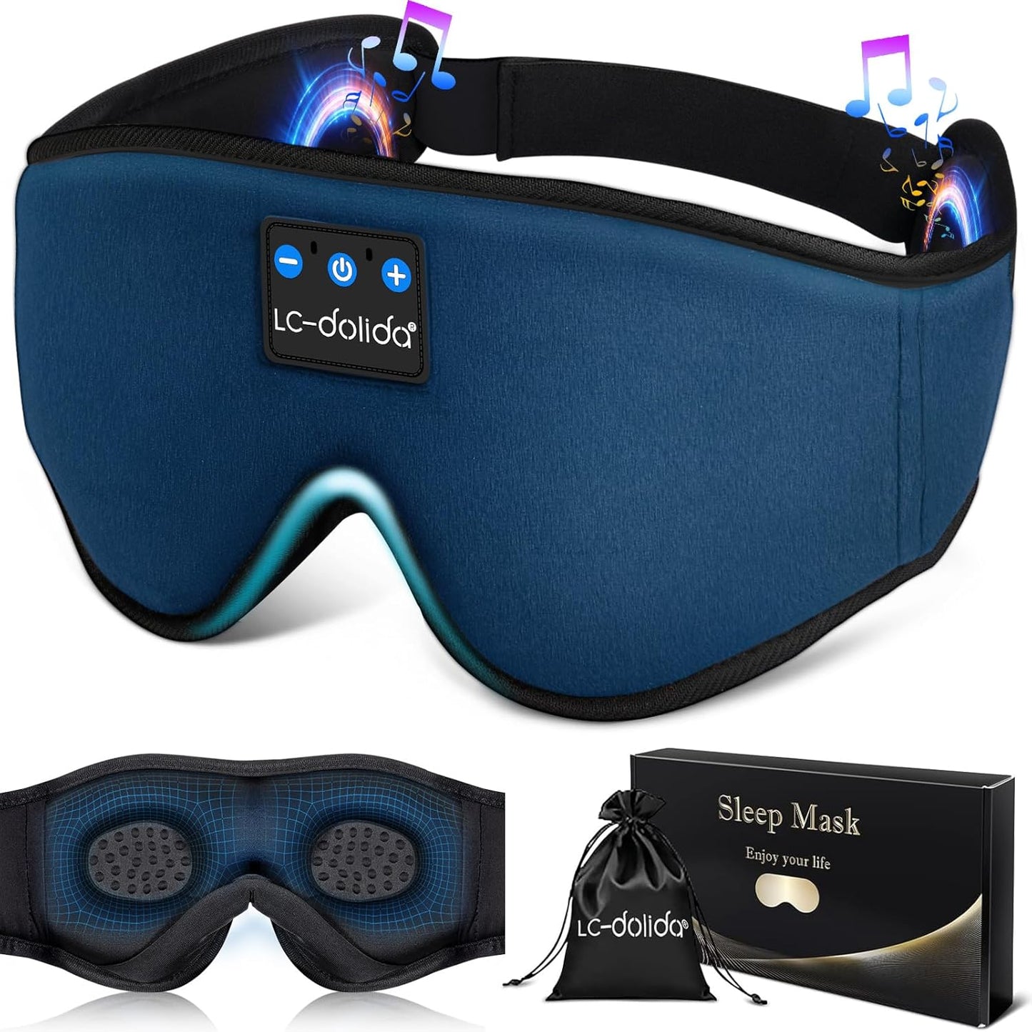 LC-dolida Sleeping Headphones Eye Mask, Sleep Mask with Bluetooth Headphones 3D Eye Mask Wireless Music Cotton Sleep Cover for Side Sleepers Nap Insomnia Air Travel Meditation Gifts for Unisex