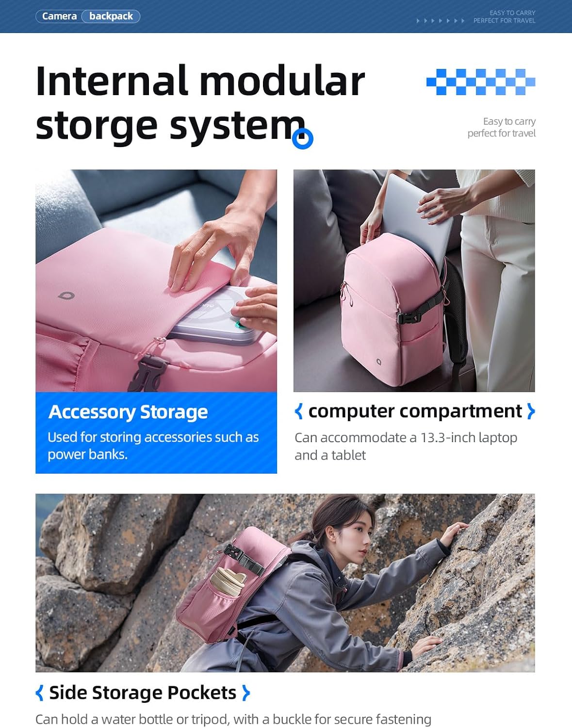 llano Compact Camera Backpack for DSLR/SLR/Mirrorless,Photography Bag with Laptop Slot (for 14" MacBook) & Tripod Holder, Ideal for Travel & Outdoor (for Canon, Nikon, Sony), Small, Pink,10L Capacity