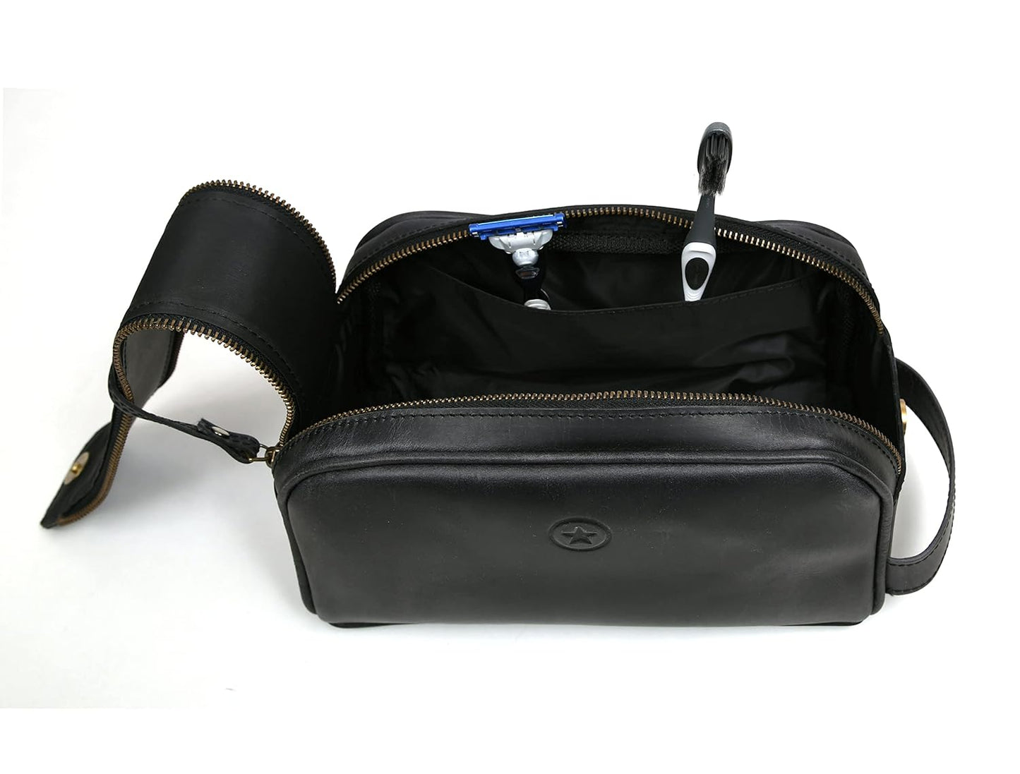 10" Premium Leather Toiletry Travel Pouch With Waterproof Lining Black Color | King-Size Handcrafted Vintage Dopp - Kit ~ Gift for Father's Day By Aaron Leather Goods