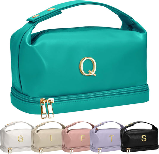 Birthday Gifts for 15 16 17 18 19 Year Old Girls Gifts, Personalized Makeup Bag with Handle, Initial Double Layer Cosmetic Bag with Makeup Brush Organizer, Cosmetic Pouch for Women