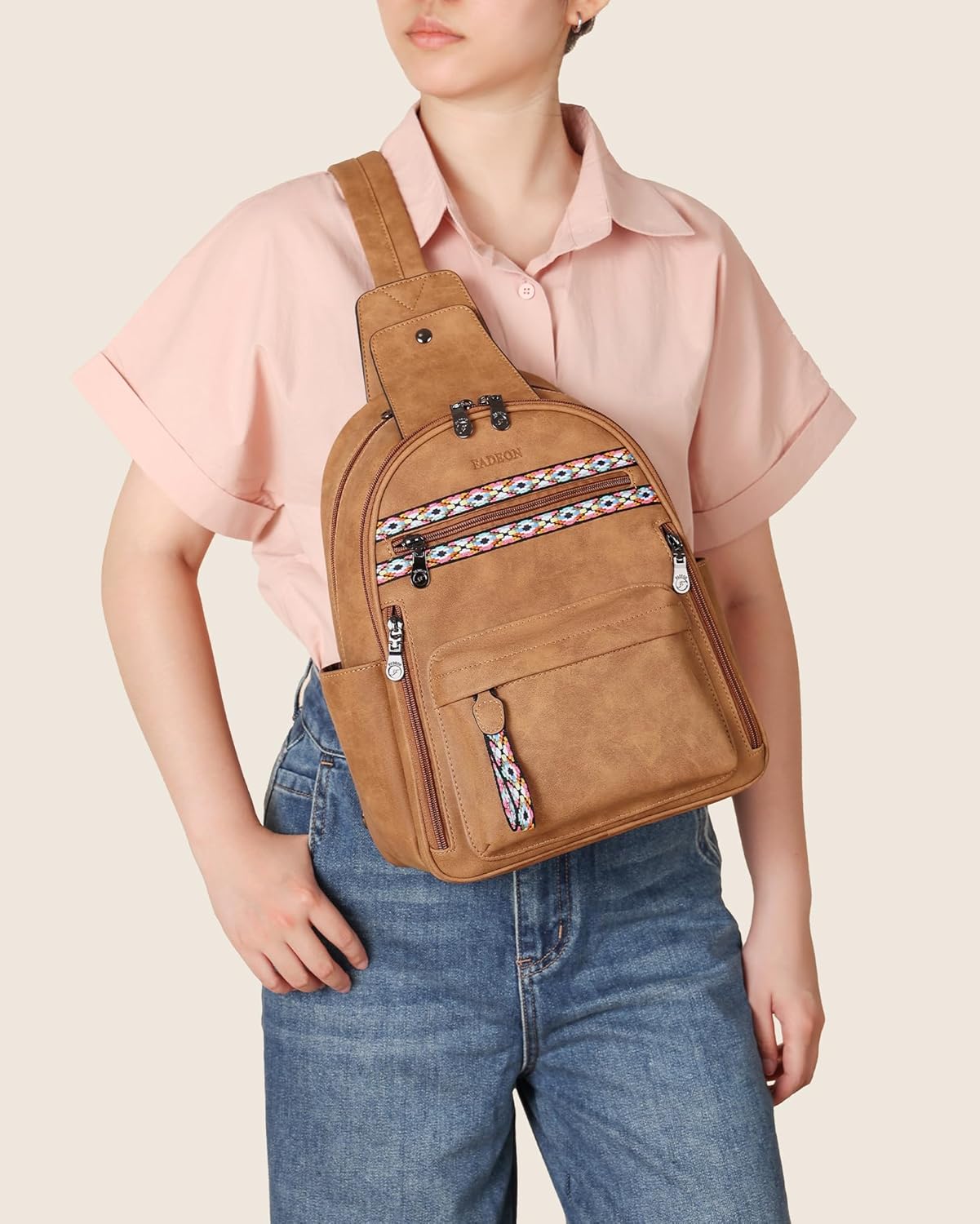 FADEON Large Sling Bag for Women, Leather Crossbody Purse Designer Anti Theft Sling Backpack, RFID Fanny Packs for Travel