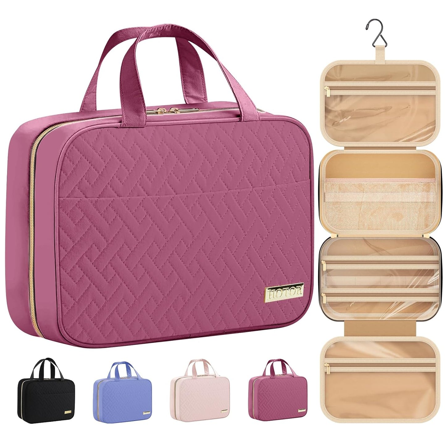 HOTOR Travel Toiletry Bag w/Hanging Hook - Spacious Toiletry Bag Essentials for Women & Men, Makeup Bag/Big Comparment, Waterproof for Travel Accessories, Medium, Rosewood-Pink