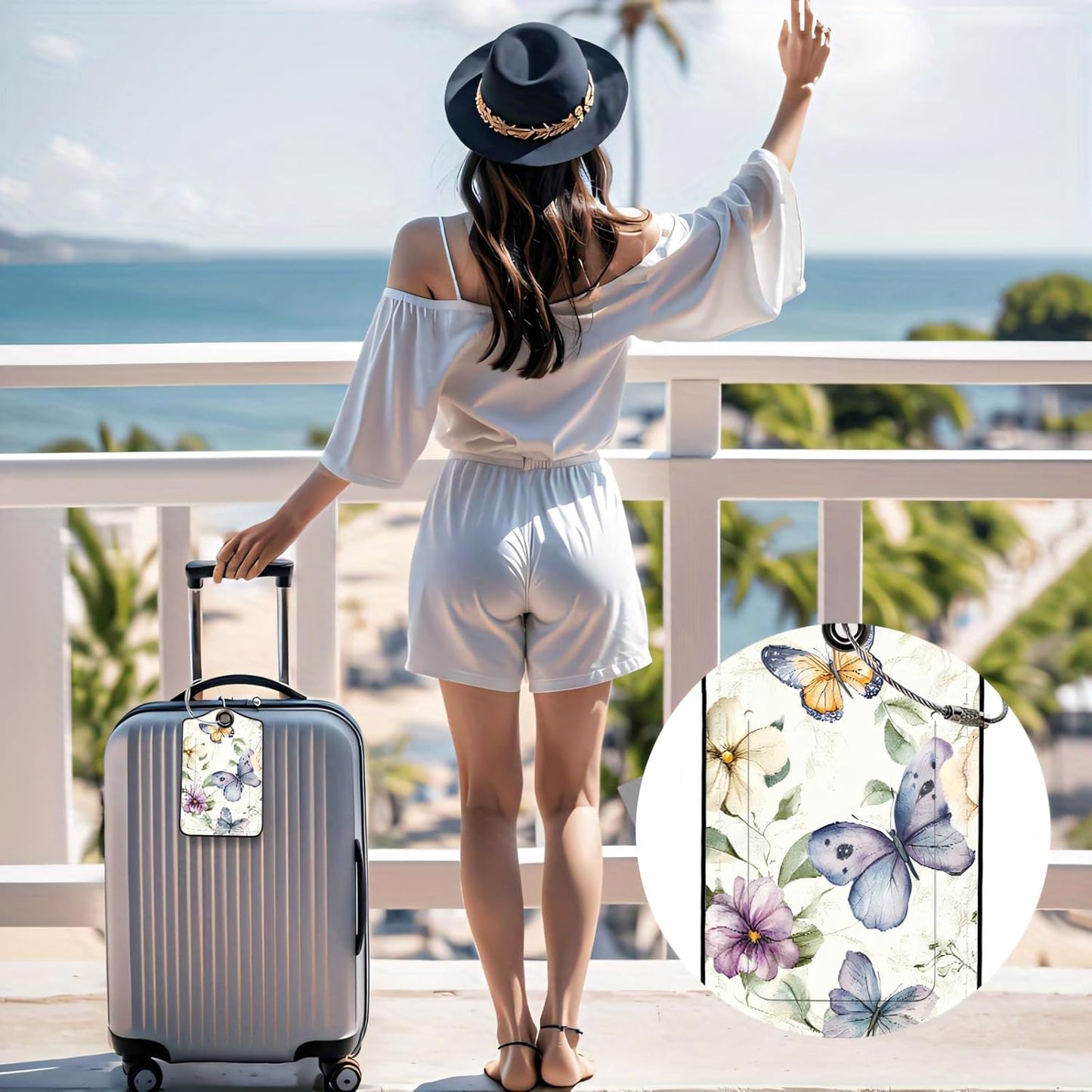 Luggage Tags for Suitcases, 2-Pack PU Leather for Cruise & Travel, Baggage ID Tags with Privacy Cover & Address Card, Durable Metal Ring, Kids Adults Travel Accessories, Elegant Butterfly Florals