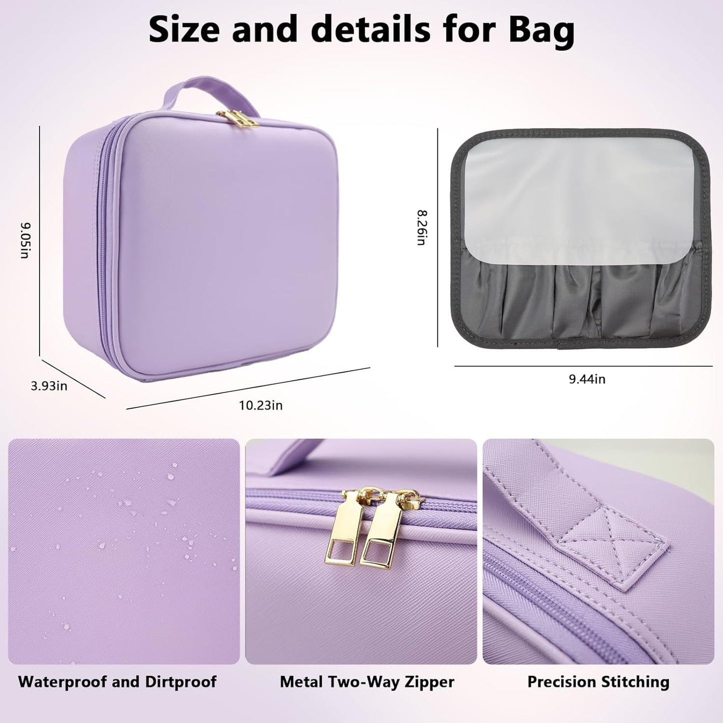 Travel Makeup Bag with LED Mirror Travel Makeup Organizer with 3 Lighted Settings, Adjustable Dividers and Makeup Brush Storage Bag Purple