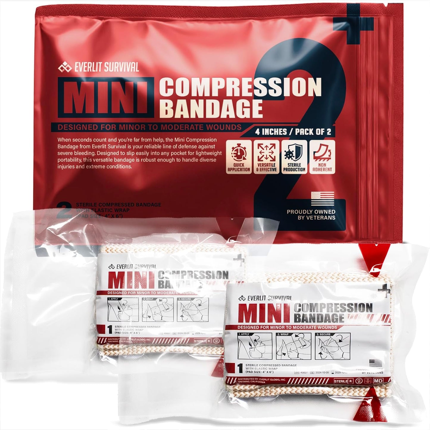 EVERLIT Mini 4 x 6 Inch Emergency Bandage Compression Trauma Pressure Wound Dressing Sterile Vacuum-Sealed for Bleeding Control, Gun Shot, Medical Kit, First Aid IFAK (2)