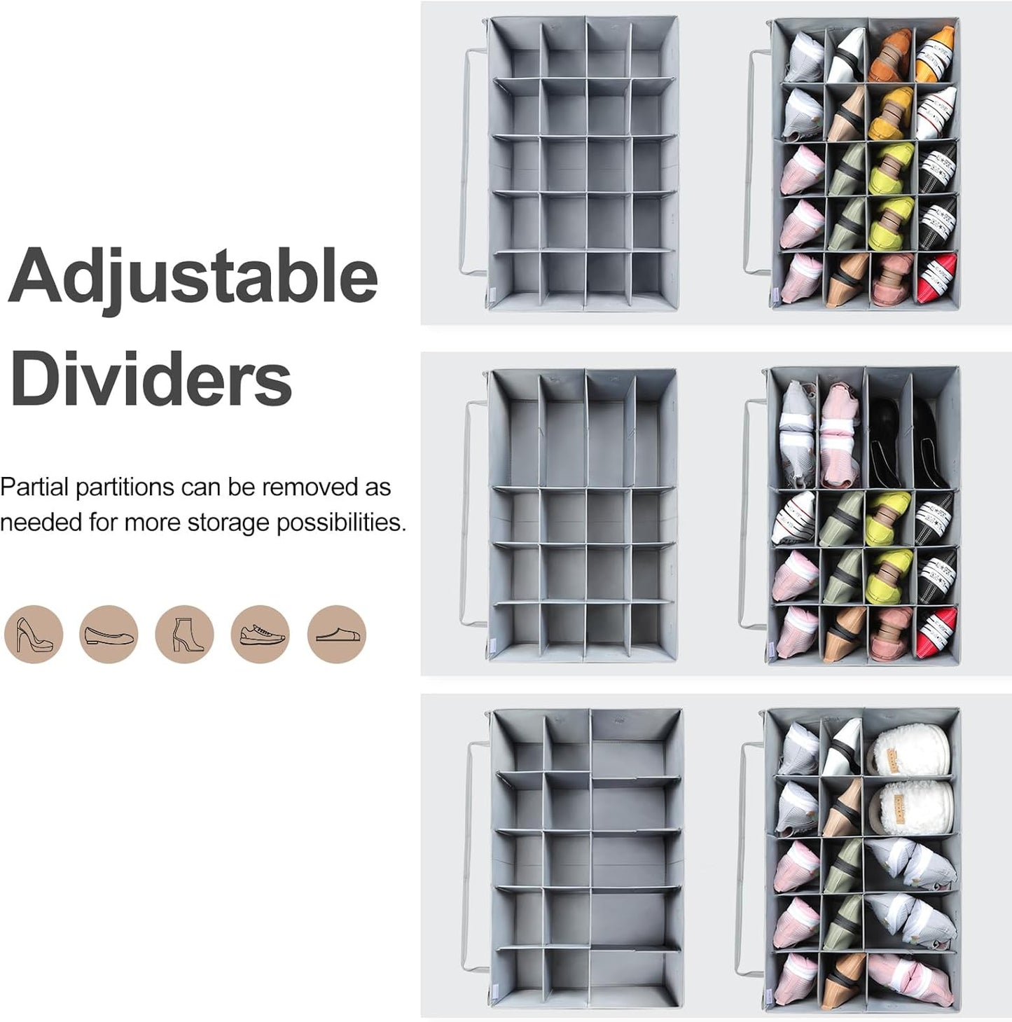 Shoe Organizer for Closet, Foldable Shoe Box with Adjustable Dividers and Clear Cover, Space Saving Shoe Storage Organizer Cabinet with Reinforced Handles, Fits 20 Pairs, Gray, TP10G