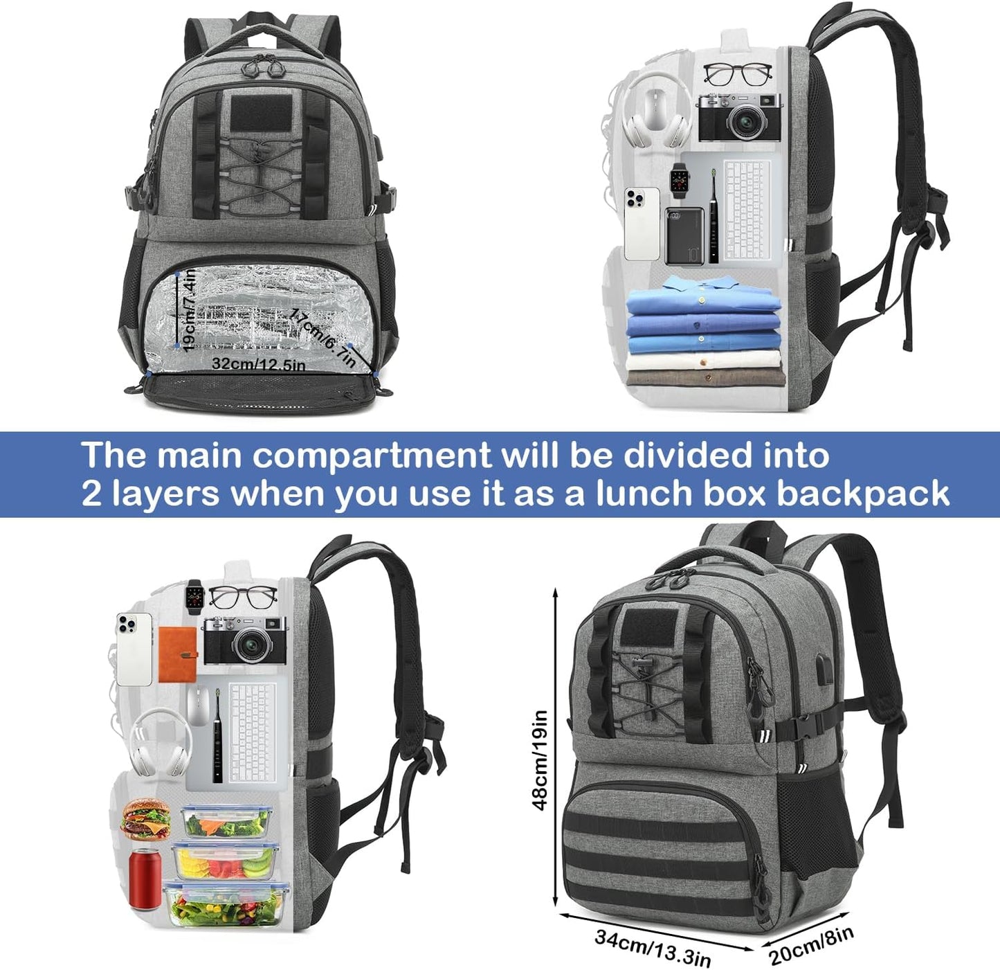 Laptop Lunch Backpack for Men - 40L Large Capacity Work Backpack with Lunch Compartment and USB Post, RFID Insulated Cooler Backpack for Work, Travel, Picnic, Black+Gray