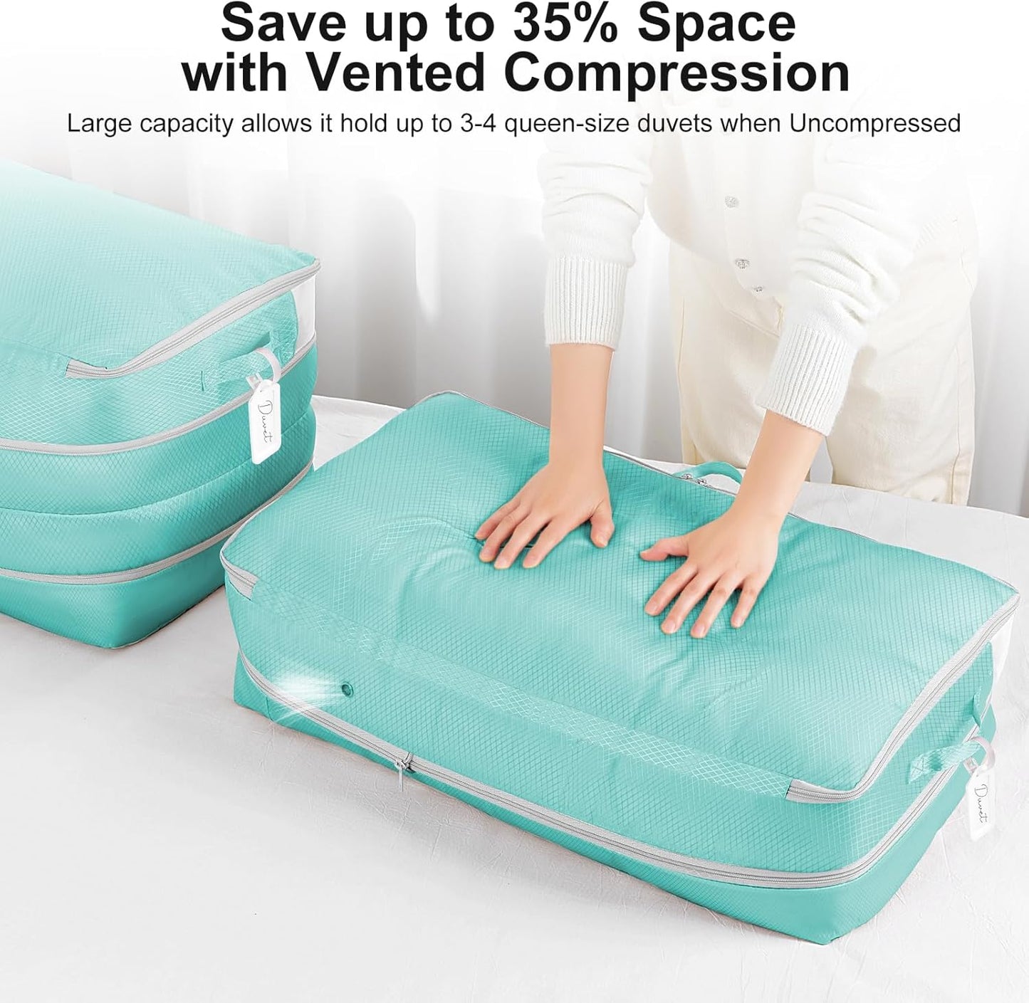 Comforter Storage Bag - Large Capacity Bedding Storage Bags Ultra Space Saving Self Compression Organizer, Washable Compression Bags for Storage Comforter Blanket Duvet Pillow, 4-Pack, Blue