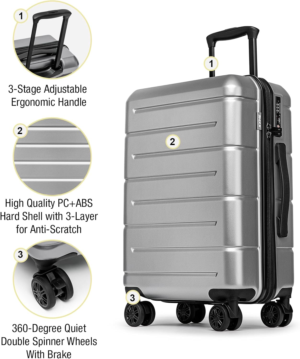 KYME Carry On Luggage 22x14x9 Airline Approved with Cup Holder Hardside Carry On Suitcase with Spinner Wheels Hardshell Travel Rolling 22 Inch Luggage with TSA Lock for Women Men Silver