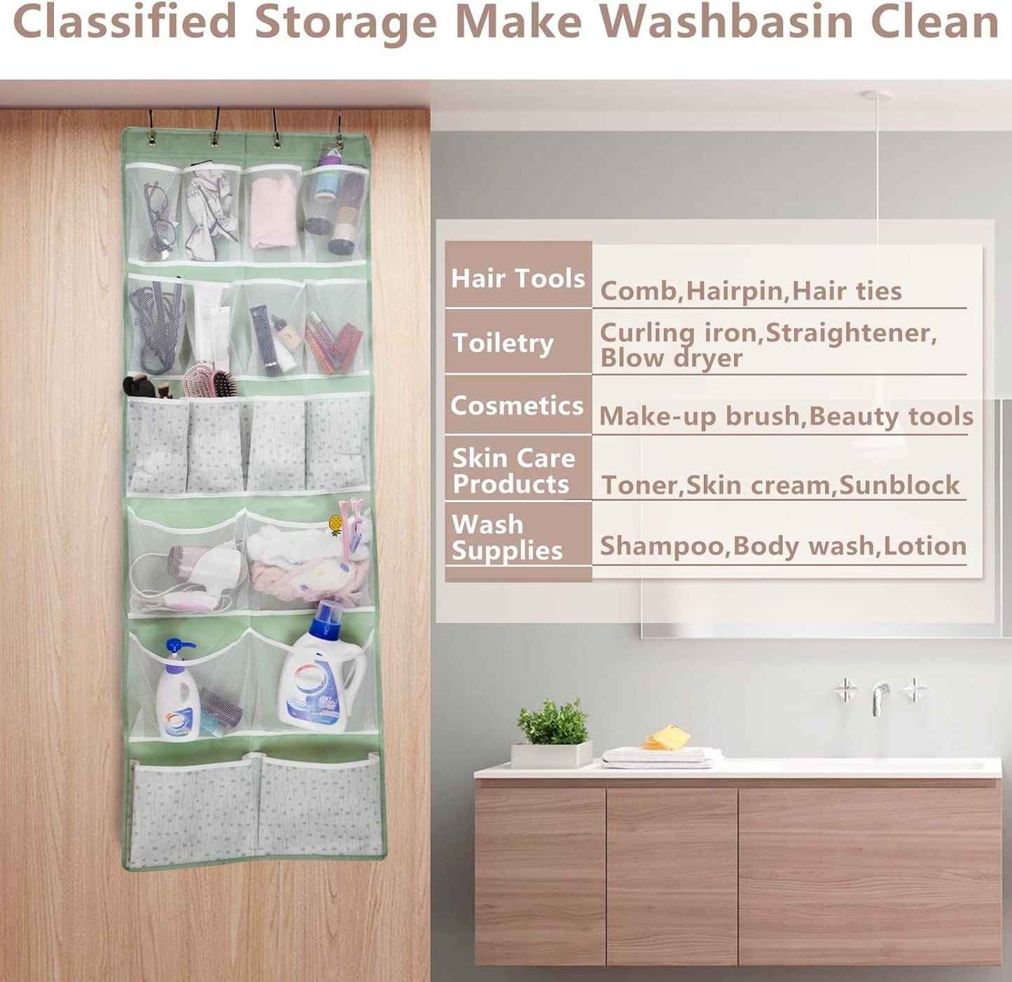 Over the Door Organizer with 4 Kinds of Pockets,Behind Door Shoes Rack,Back of Closet Storage Organization for Socks,Hat,Underwear,Luggage Packing,Hanging Holder Shelf in Home Dorm,Travel,Green