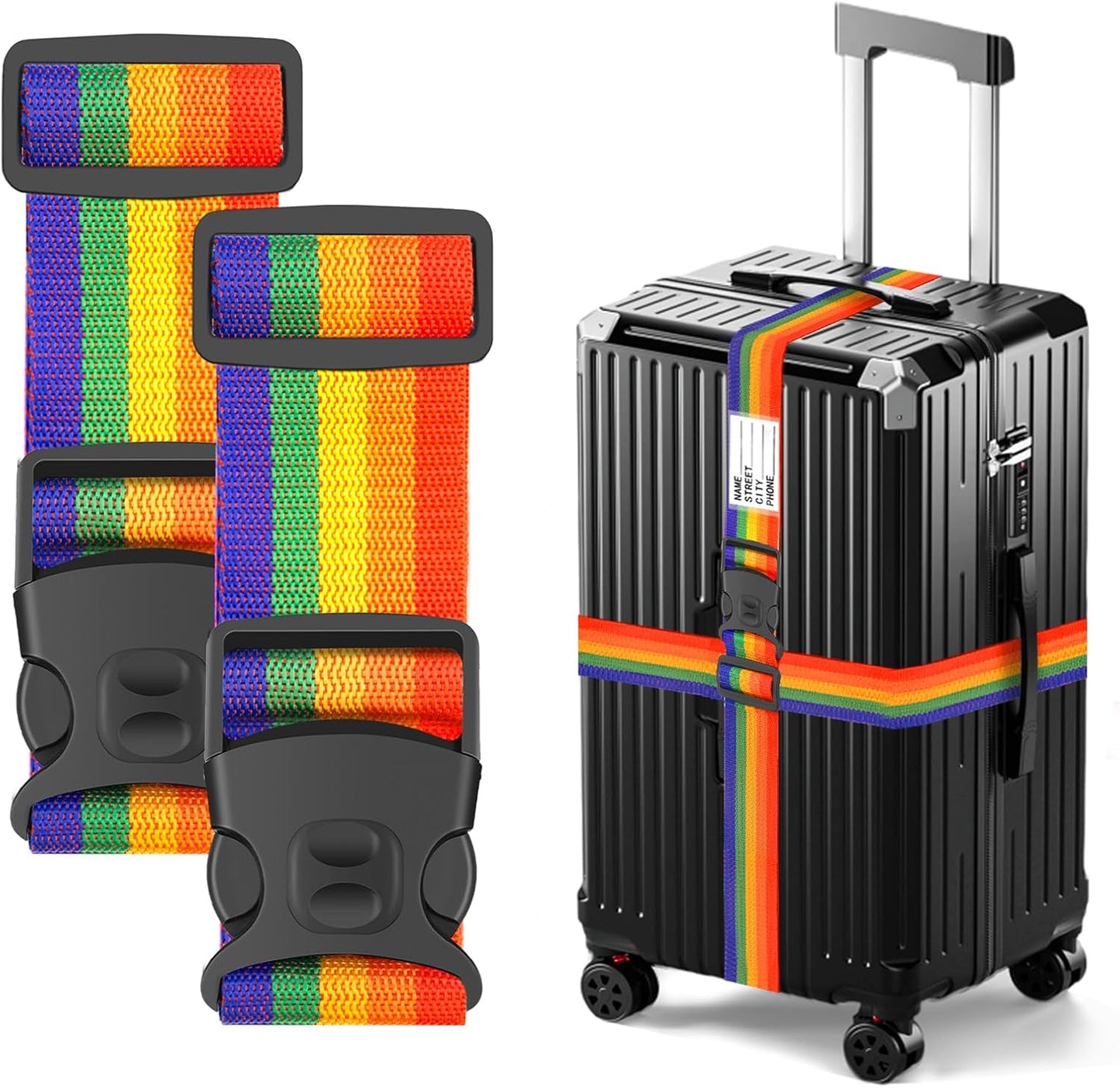 BILIONE Luggage Straps 88 inch Adjustable Suitcase Belt, Lockable Against Accidental Opening, Easy to Identify Travel Accessories, Add a Bag Connector(Rainbow Rainbow, 2)