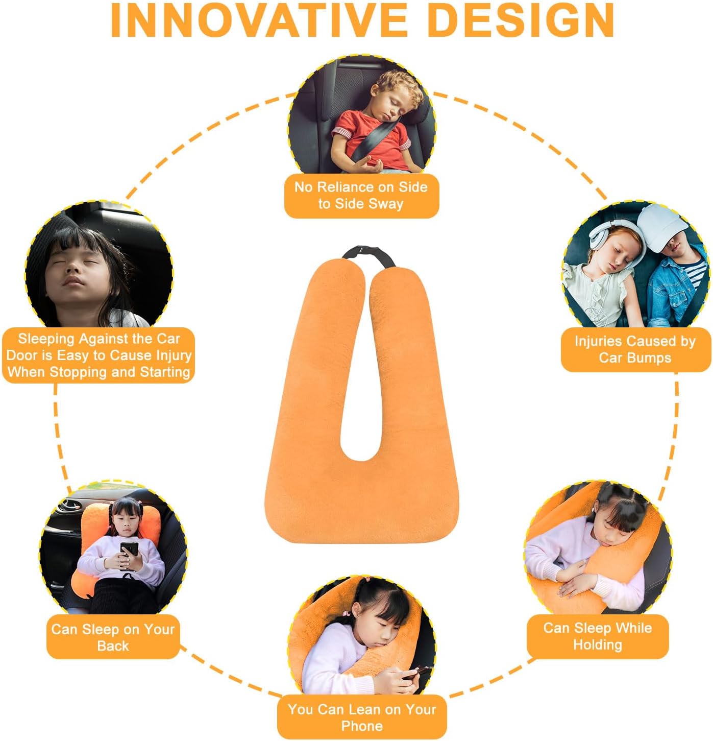Travel Pillow, Travel Pillow for Kids, Sleeper Hold Pillow Travel, Removable U-Shaped Pillow for Adults and Children to Support Head and Body in The Back Seat of Long Car Trips (Orange)