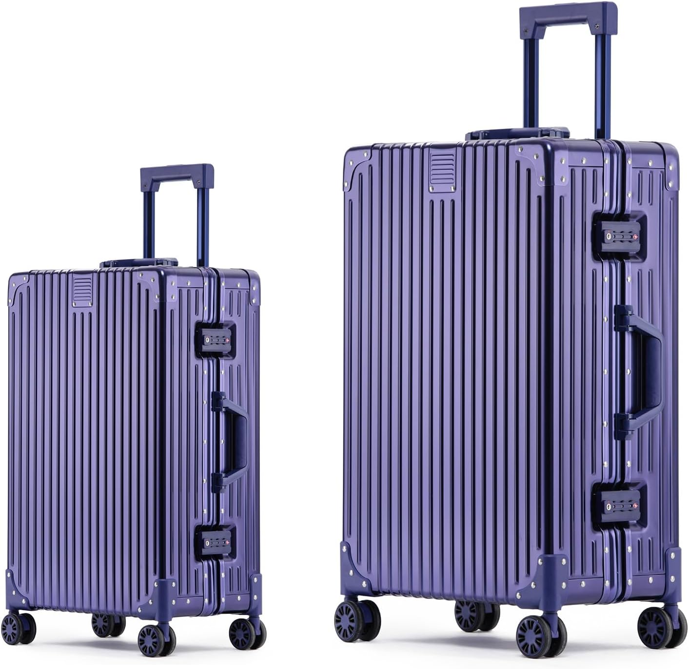 Metal All Aluminum Carry-on Luggage TSA Customs Lock Zipperless Silent Rotary Wheel Business Suitcase Aluminum Frame Set (blue, 2Piece(20/26))