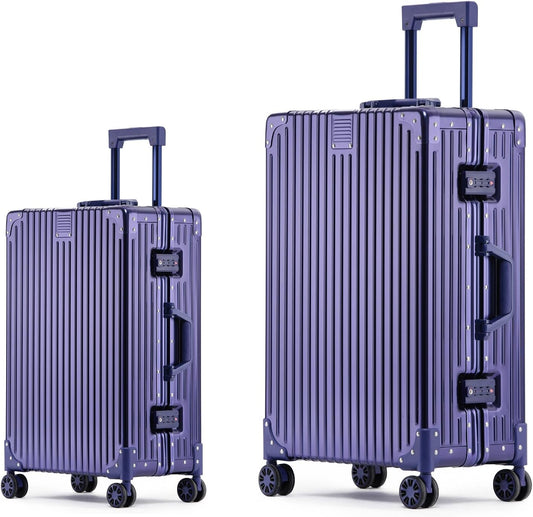 Metal All Aluminum Carry-on Luggage TSA Customs Lock Zipperless Silent Rotary Wheel Business Suitcase Aluminum Frame Set (blue, 2Piece(20/26))