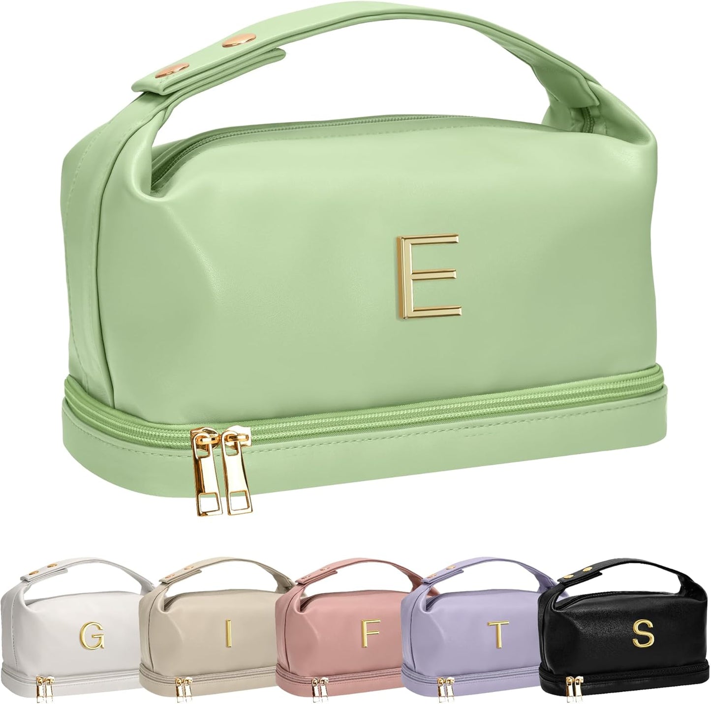 Makeup Bag For Teens 16-18, Personalized Makeup Bag with Handle, Initial Double Layer Cosmetic Bag with Makeup Brush Organizer,Birthday Gift Gifts for 11 12 13 14 15 16 17 18 19 Year Old