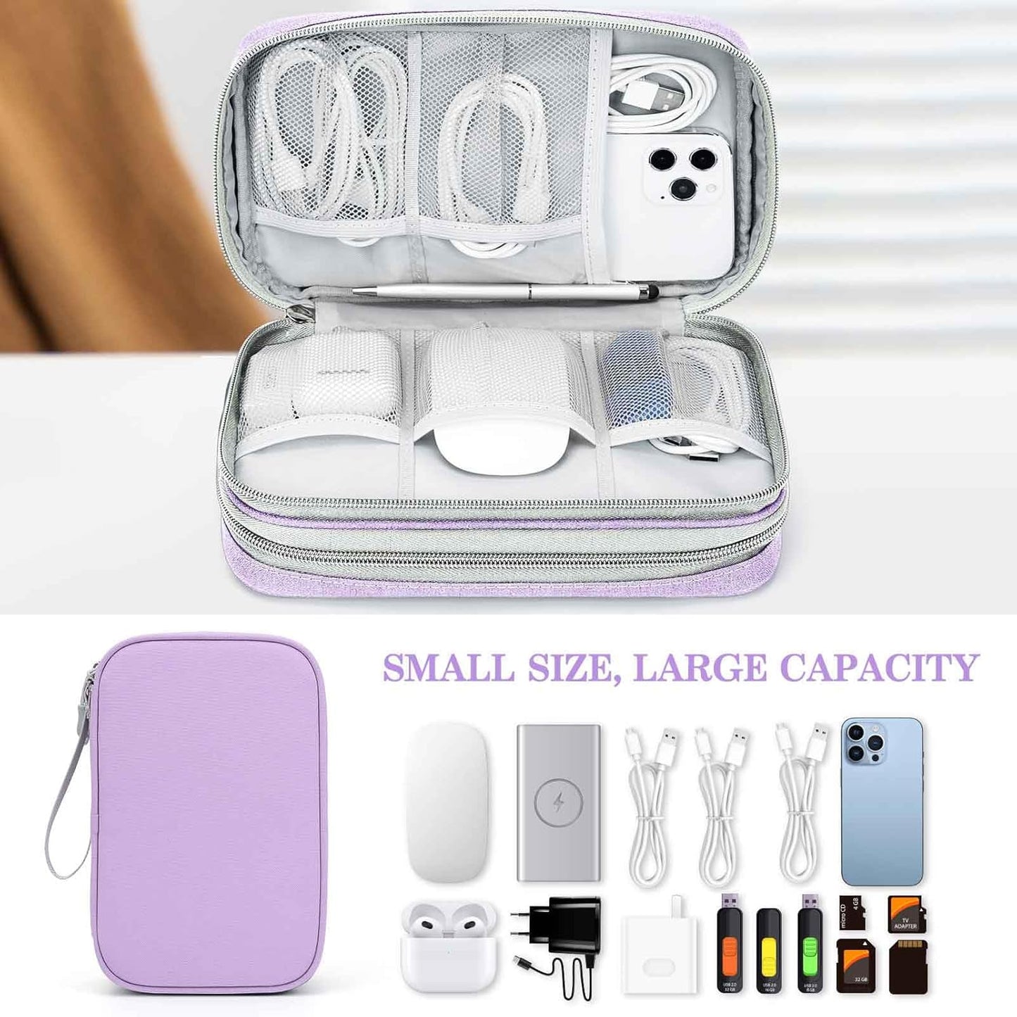 FYY Electronic Organizer, Large Travel Cable Organizer Bag Pouch Electronic Accessories Carry Case Portable Waterproof Double Layers All-in-One Storage Bag for Cable, Cord, Charger, Light Purple