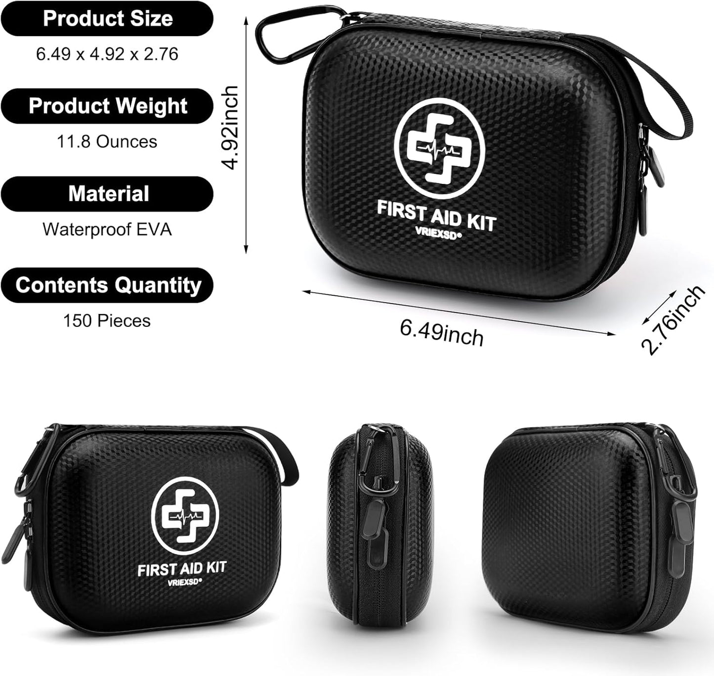 Mini First Aid Kit - 150 Piece Small Waterproof Hard Shell Medical Kit for Home, Car, Travel, Camping, Truck, Hiking, Sports, Office, Vehicle & Outdoor Emergencies (Black)