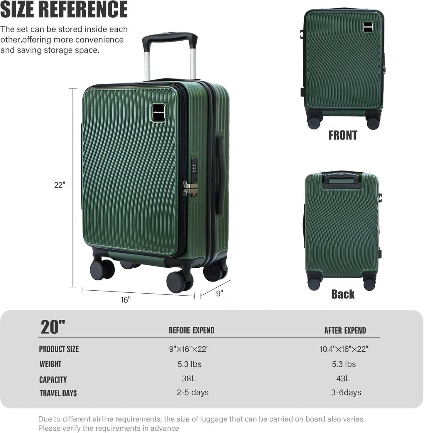 buy 0ne get 0ne free! 20 Inch Expandable Carry on Luggage PC Hard Shell TSA Suitcase Top Opening 360°Rolling Wheels Travel Luggage Suitcase(Green)