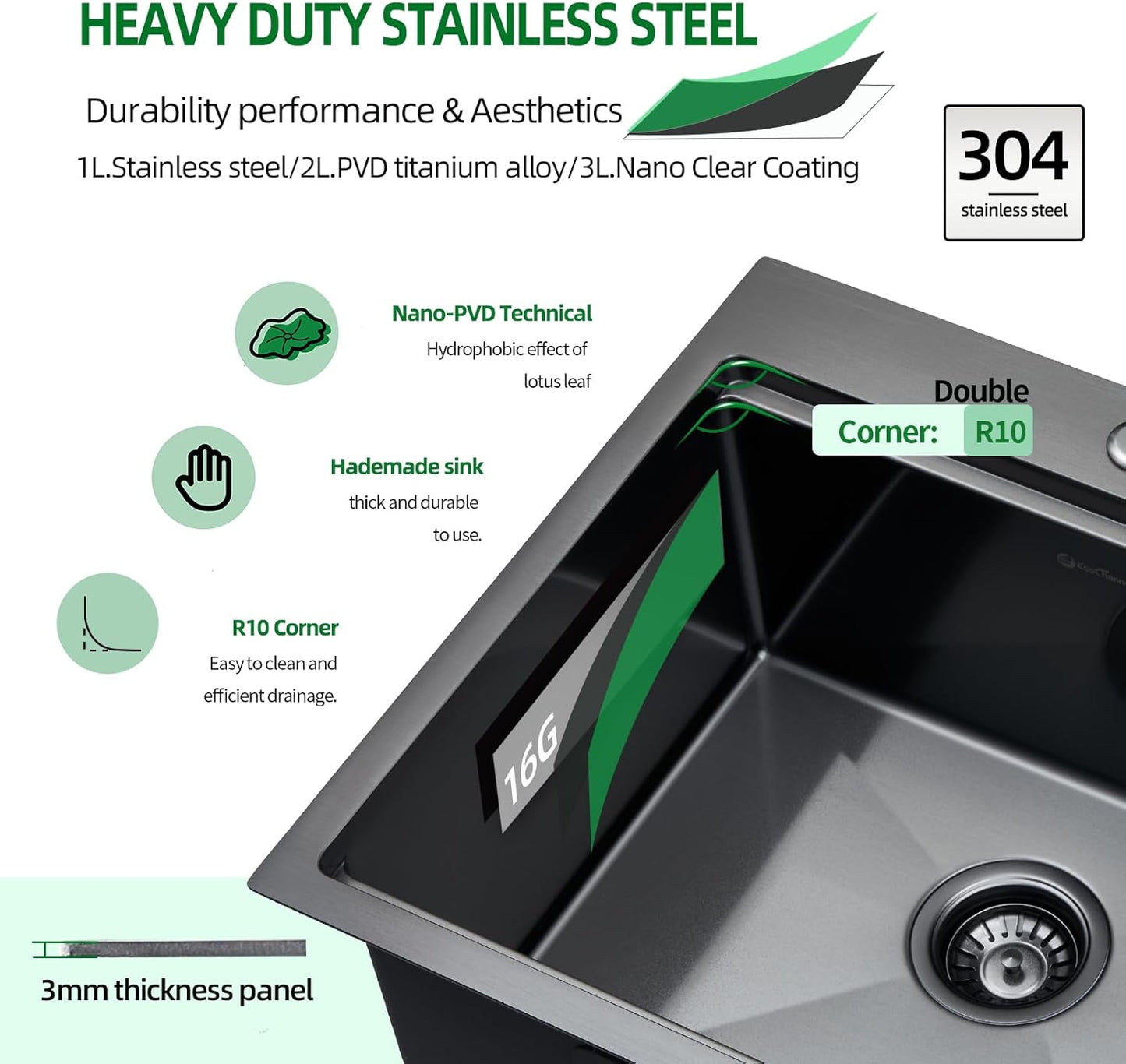 21 x 20 x 10 Drop-in Kitchen Sink - 16 Gauge Gunmetal Black Stainless Steel Workstation Single Bowl With Cutting Board