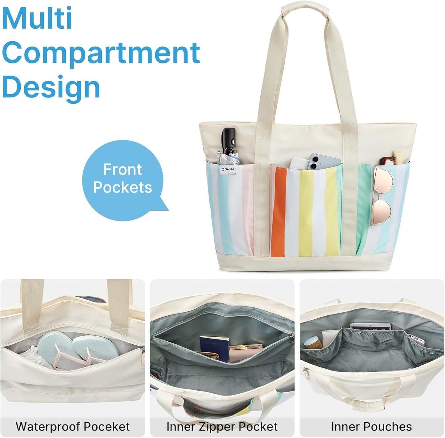 G4Free Beach Bag,Waterproof Beach Tote Pool Bags for Women,Compatible with Stanley Cup,Foldablefor Weekender Travel