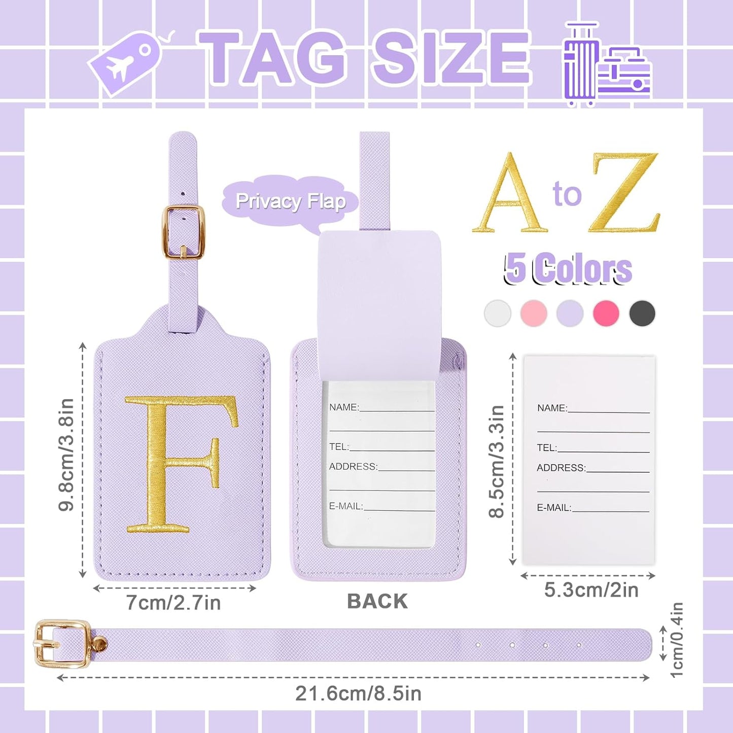 Personalized Initial Luggage Tags for Suitcase, Purple Leather Cute Luggage Tags with Privacy Cover Name Card, Embroidered Custom Monogrammed Luggage Tag Travel Backpack Tags Gifts for Women Kids(F)