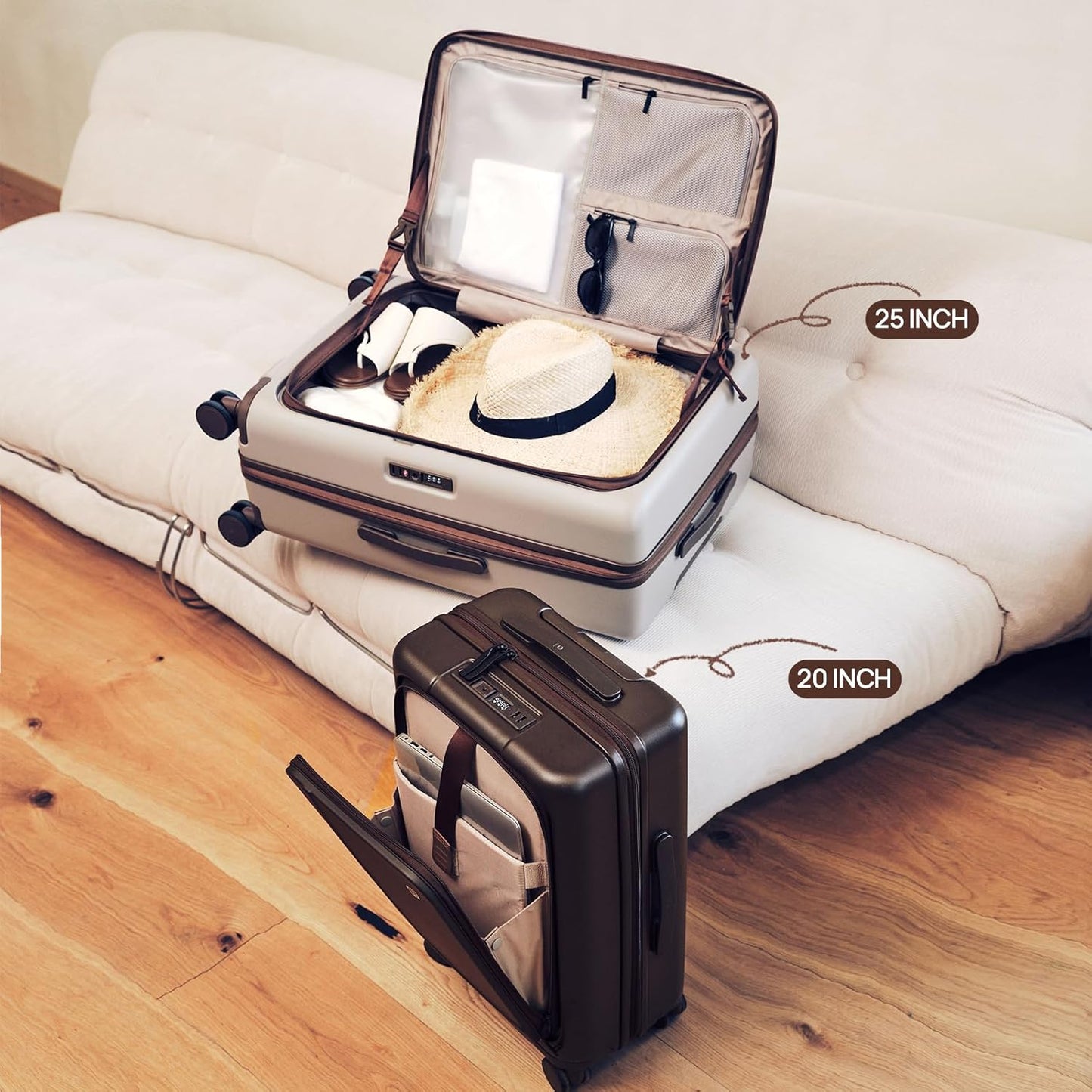 NINETYGO Medium Checked Luggage 25 Inch, Flat Top Opening Checking In Luggage with Cup Holder, Expandable, Coffee-Infused PC Hard Shell, Eco-Friendly, TSA Lock, 360° Spinner Wheels (Latte)